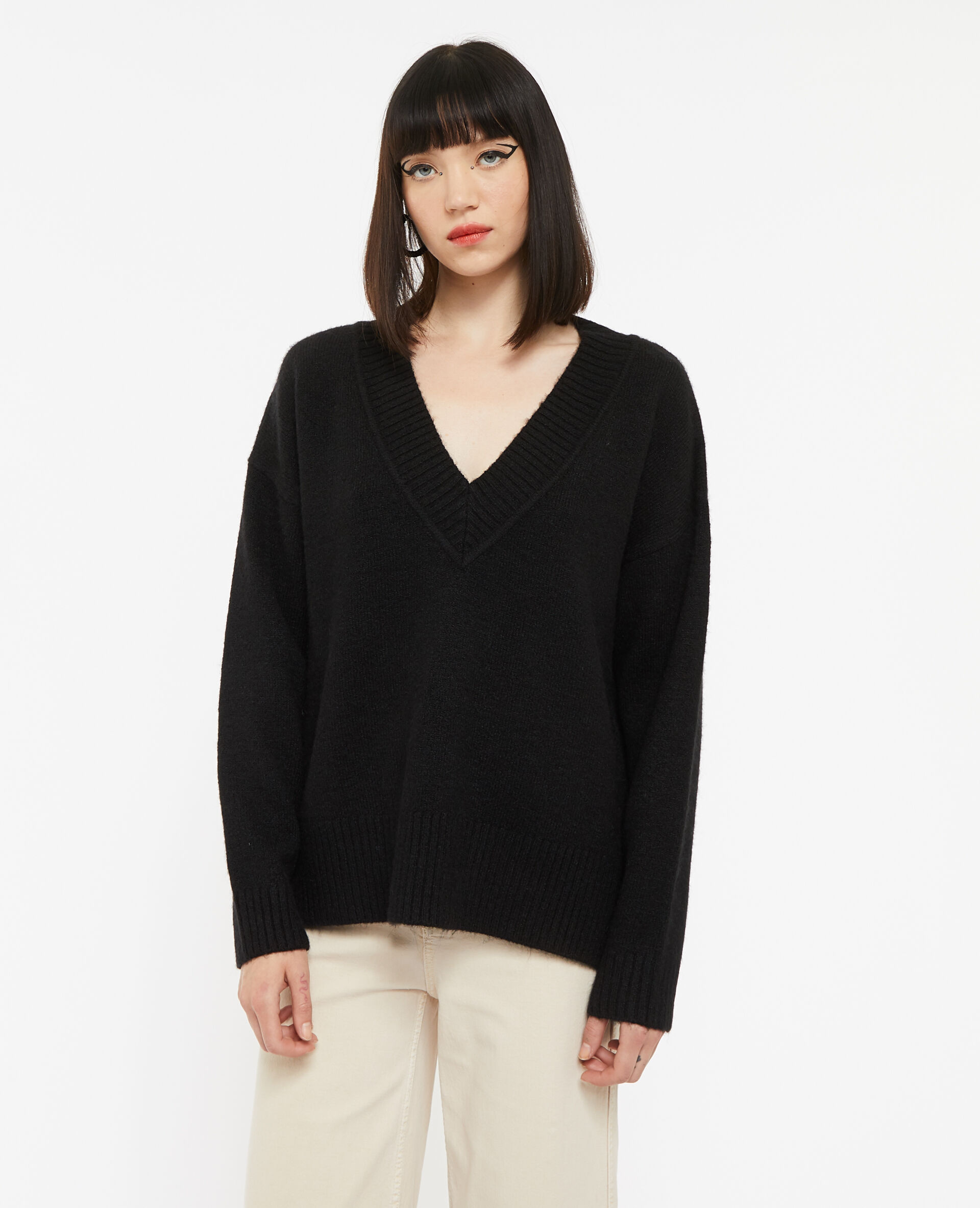 Pull droit avec grand col V - Noir