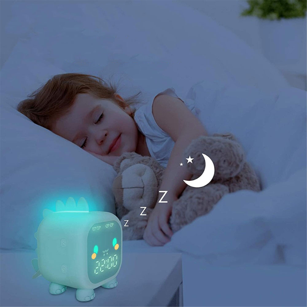 LED Kinder Wecker Tischuhr Dinosaurier mit Sonnenaufgang / Sonnenuntergang   Nachtlicht - Grün