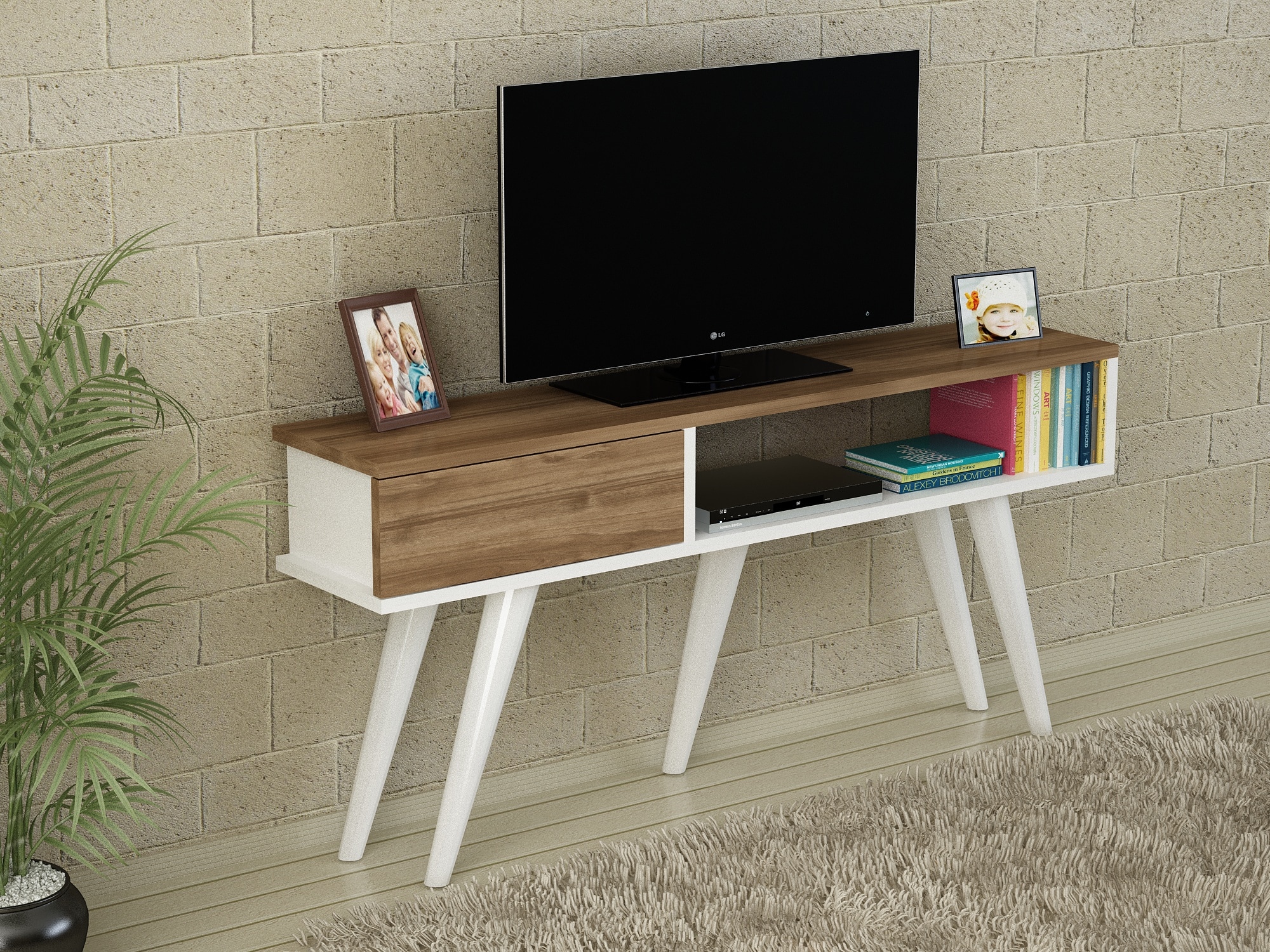 TV Lowboard Eylül Weiß Walnuss