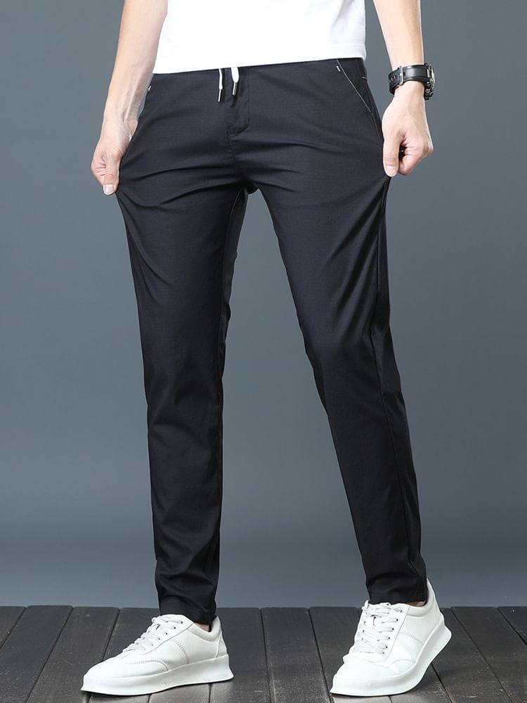 Denimic - Effen slim fit broek met trekkoordtaille