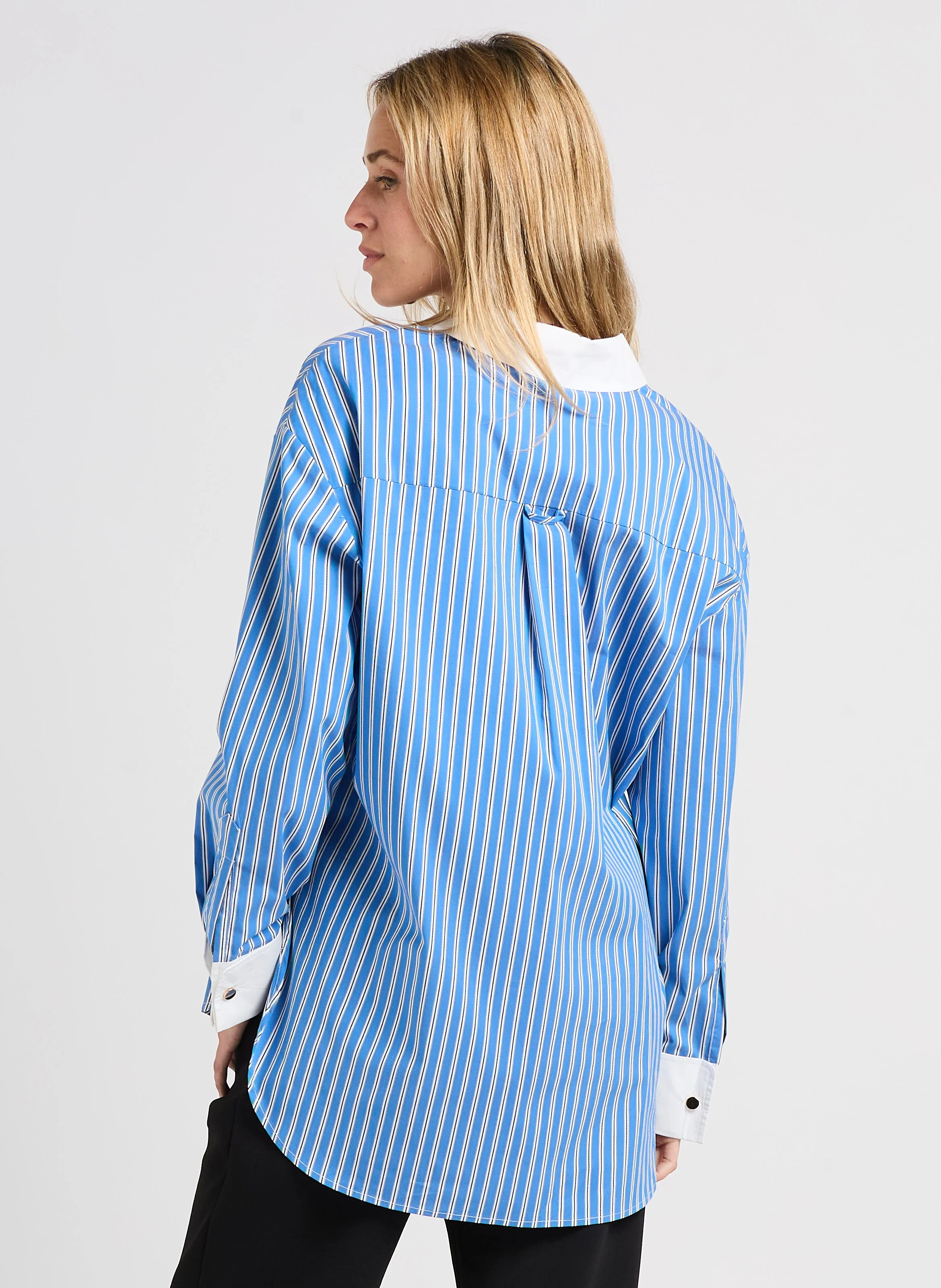 LEA - Chemise droite rayée en coton mélangé | Bleu