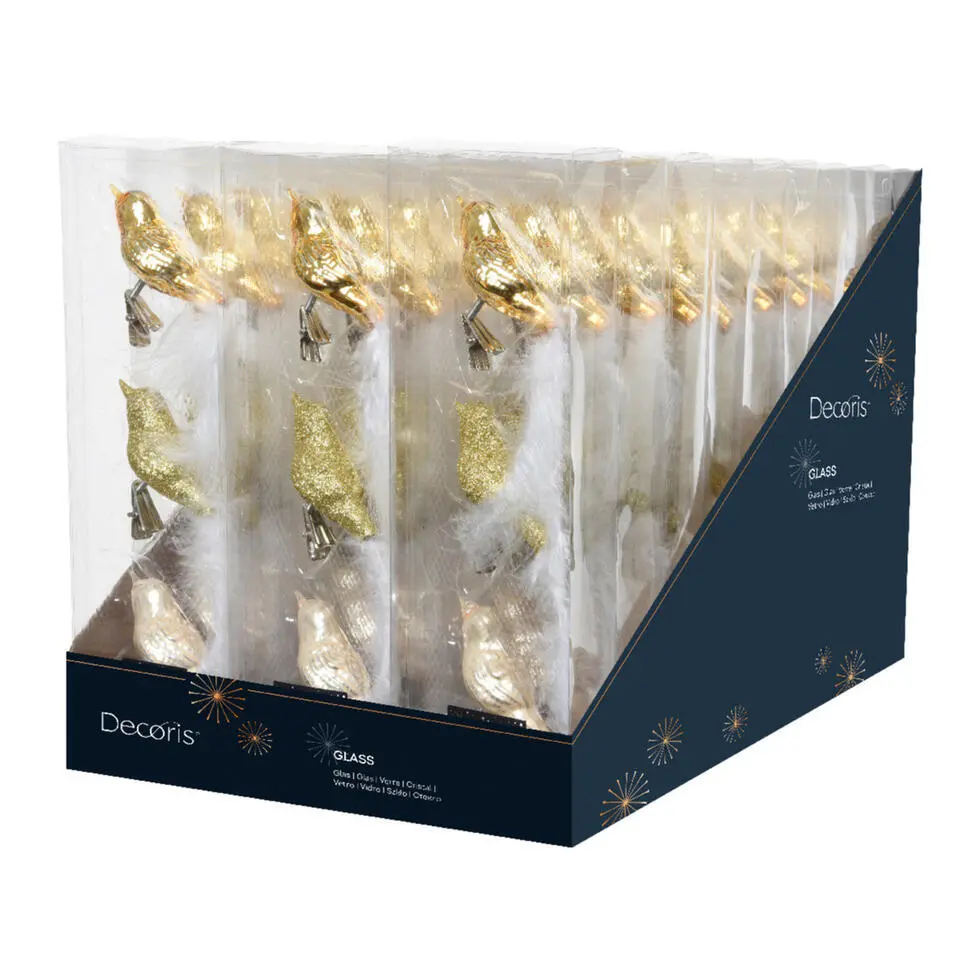 Decoris Decoratie vogels - 3x st - op clip - goud - 8 cm - glas