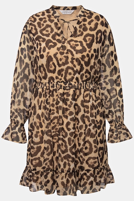 Leo-Kleid, A-Line, Leo-Chiffon, Ausschnitt mit Bindeband, Langarm