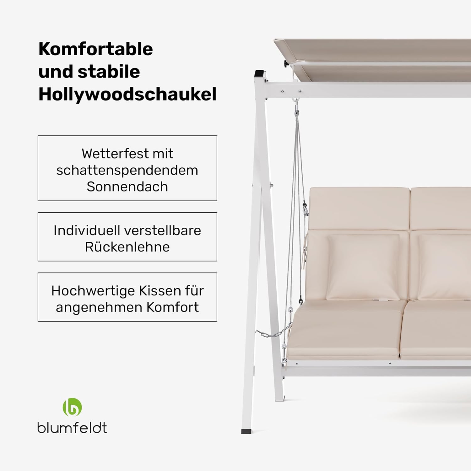 blumfeldt FlexiSwing Hollywoodschaukel 4-Sitzer – Verstellbare Rückenlehne & Sonnendach, 320 kg Kapazität, Wetterfester Stahlrahmen, Inklusive 6 cm Kissen, Gartenschaukel