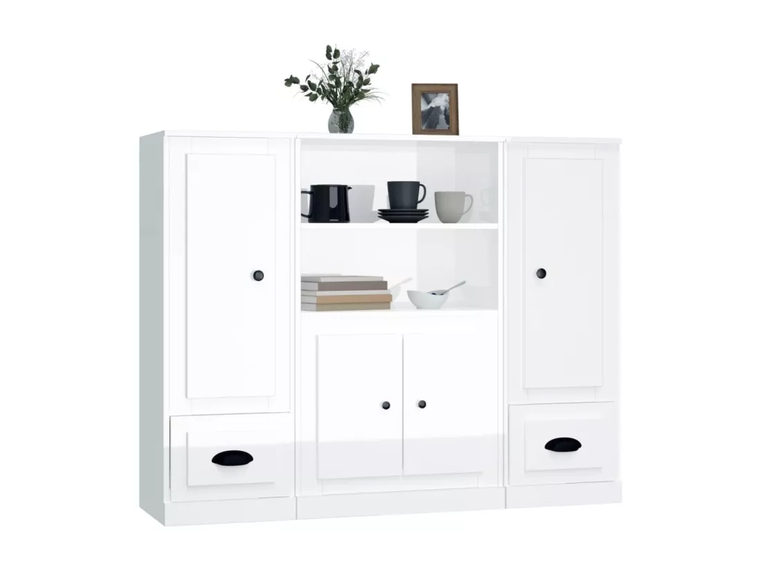 Buffets 3 pcs blanc brillant bois d'ingénierie