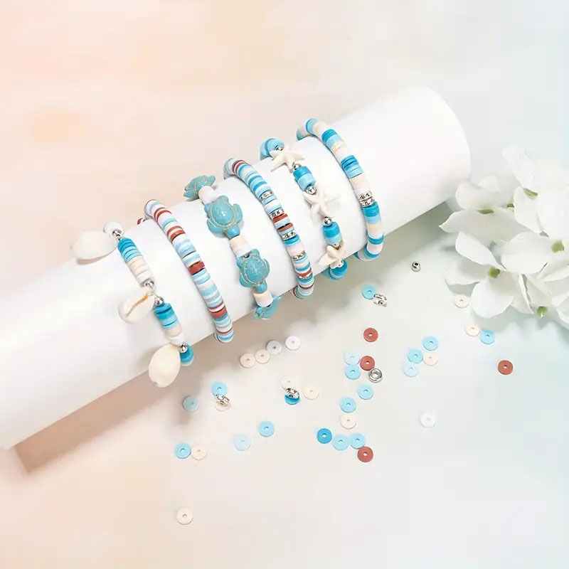 (2680-tlg. Set) Flache Gummi Perlen DIY Bastel Schmuck Muschel Zwischenperle für Armband / Kette - Blau / Weiss