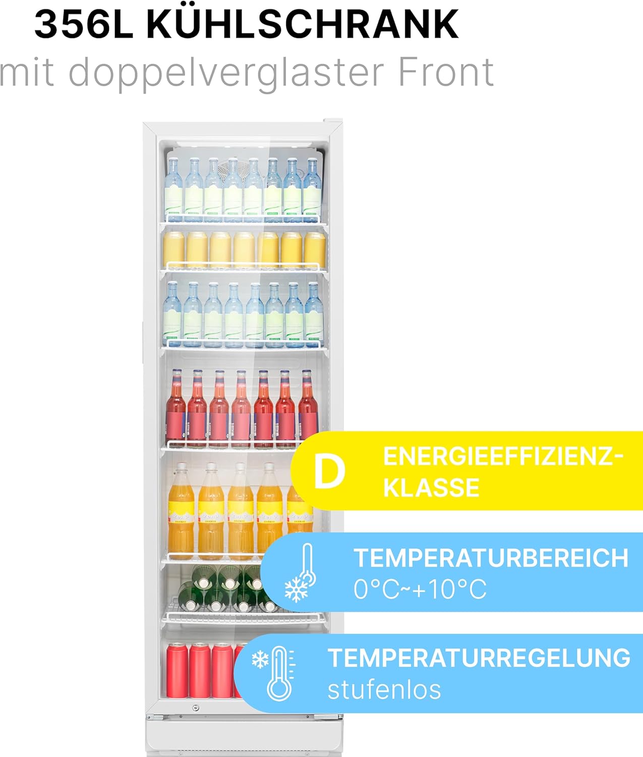 Bomann® Kühlschrank mit Glastür | Getränkekühlschrank abschließbar | 6 höhenverstellbare Ablagen | 30kg je Ablage | 347 Liter | Kühlschrank groß | Flaschenkühlschrank m. LED-Licht | KSG 7351 weiß