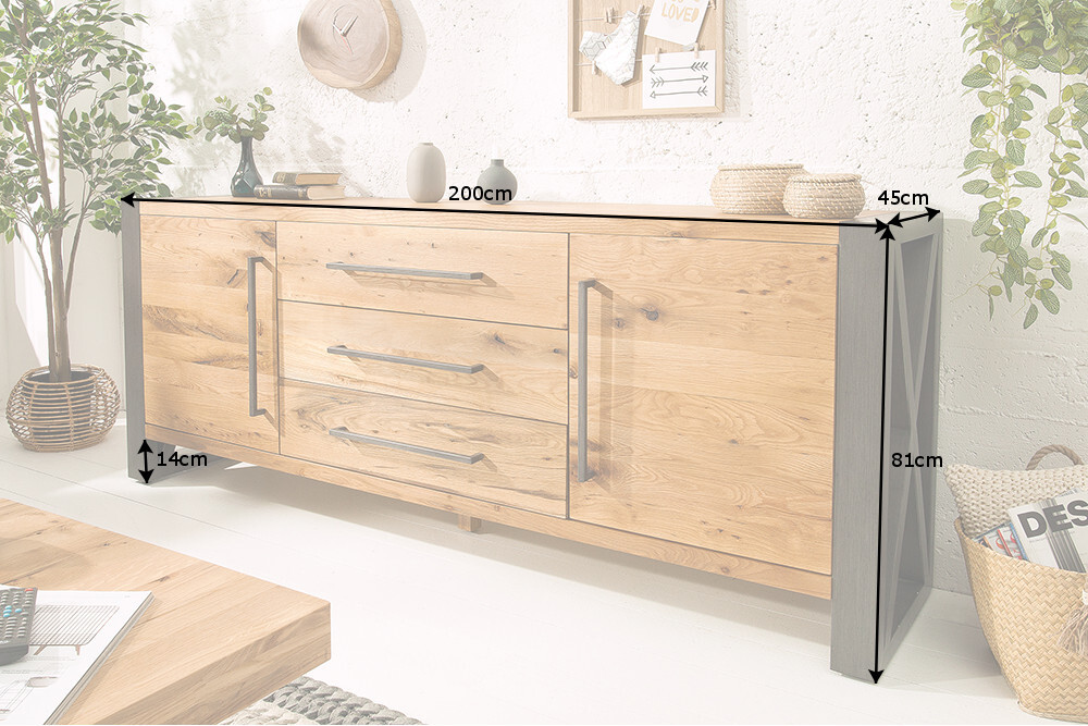 Massivholz Sideboard THOR 200cm mit Schubladen natur Wildeiche geölt Metall schwarz
