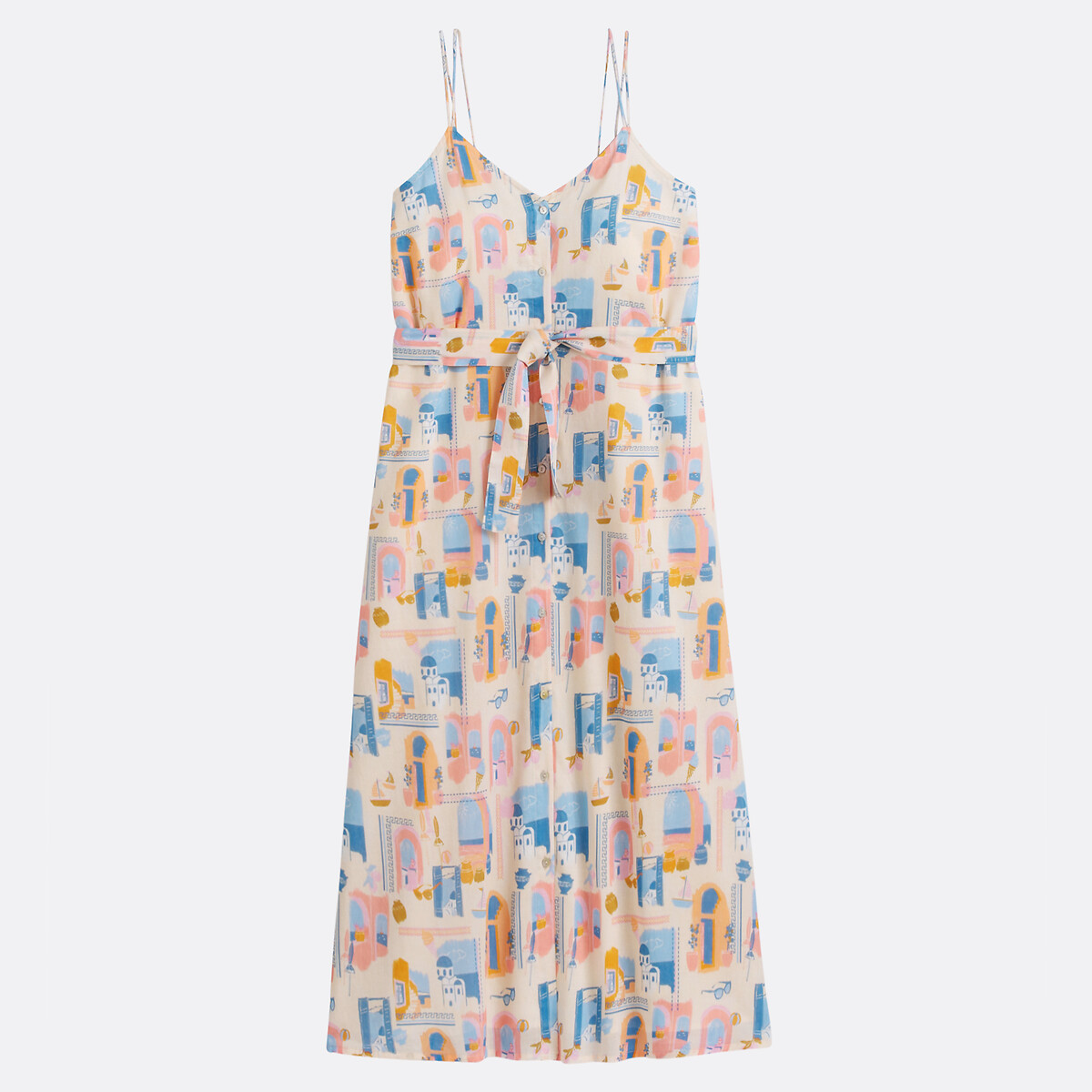 COLEÇÃO LA REDOUTE<br>Vestido maxi estampado com modelagem evasê e alças finas