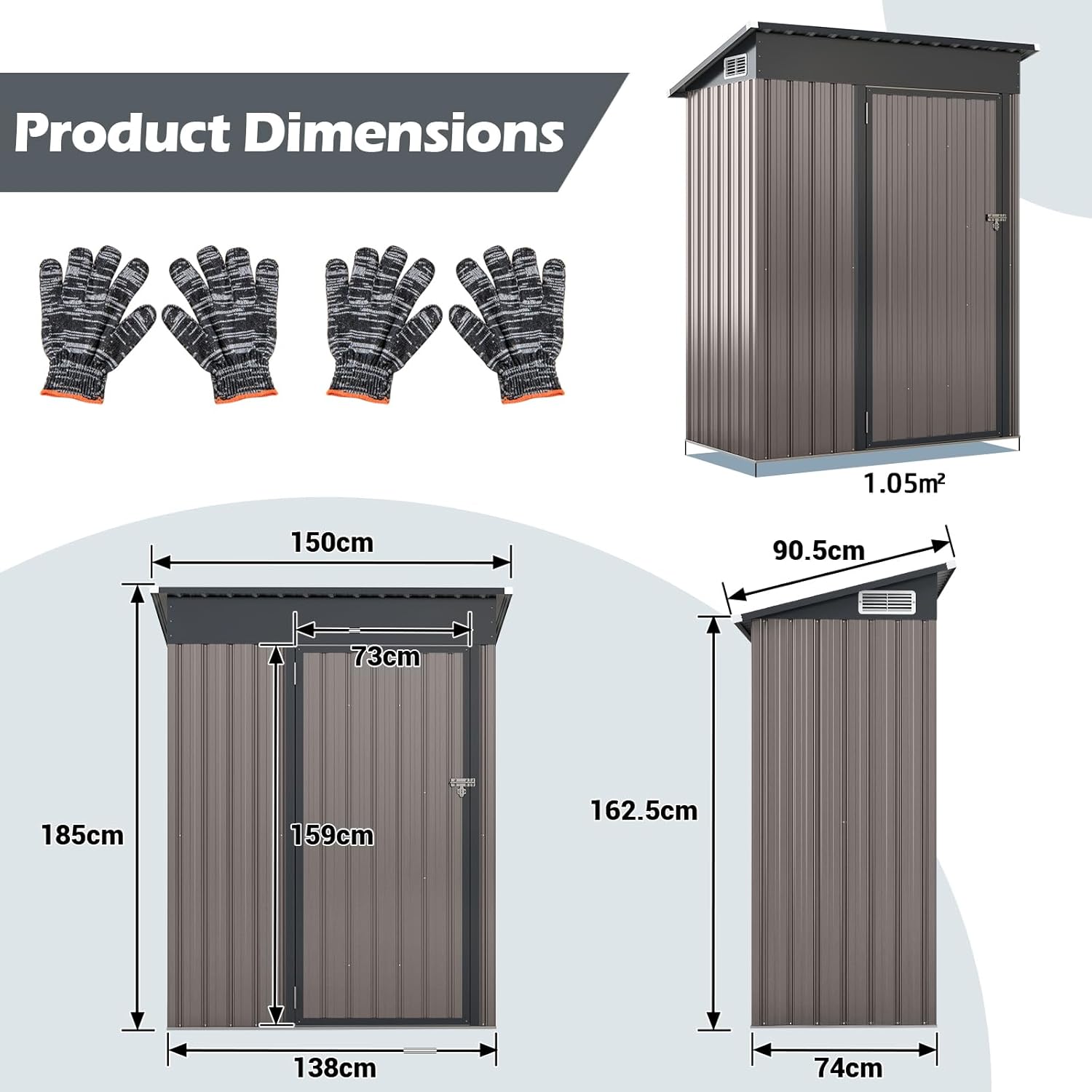 COSTWAY Gartenhaus Metall, 150 x 90,5 x 185 cm | 1,5 m³, Gerätehaus mit Pultdach & Tür, Geräteschuppen abschließbar, Gartenhütte Gartenschuppen, Garten Schuppen Outdoor (Hellgrau)