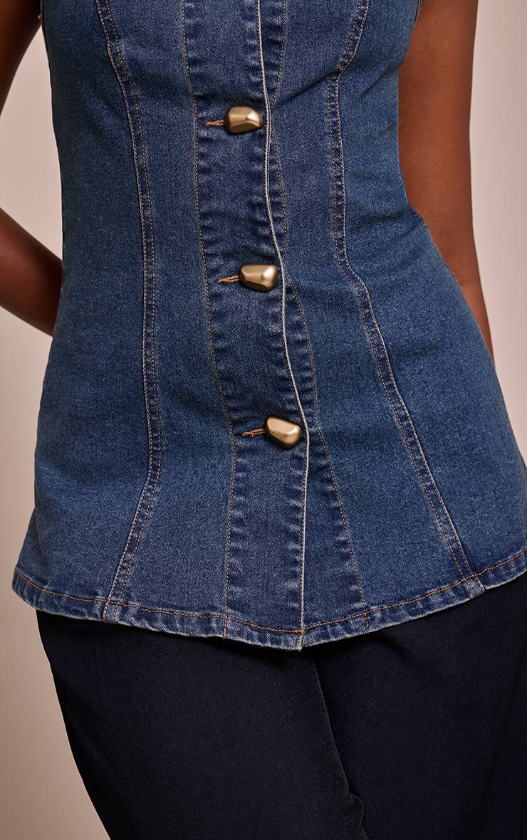 Bleu Foncé Top Caraco En Denim À Détails De Coutures Et Boutons Dorés