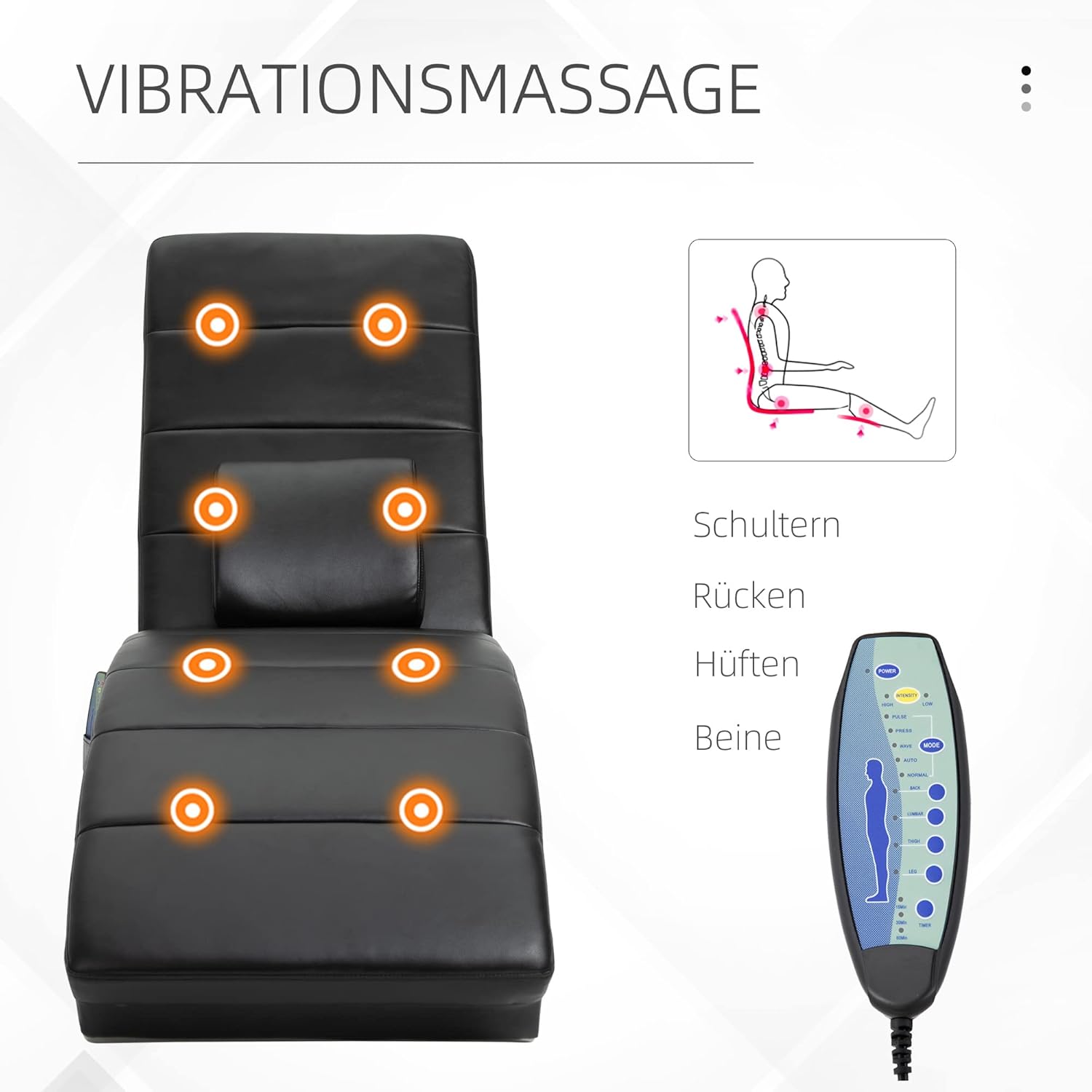 HOMCOM Relaxliege mit Massagefunktion Loungesessel Ergonomisch hohe Rückenlehn, mit Massagefunktion und Kissen mit Zero-G Design Lounge Sessel Kunstleder Metall Schaumstoff Schwarz 58 x 163 x 87 cm