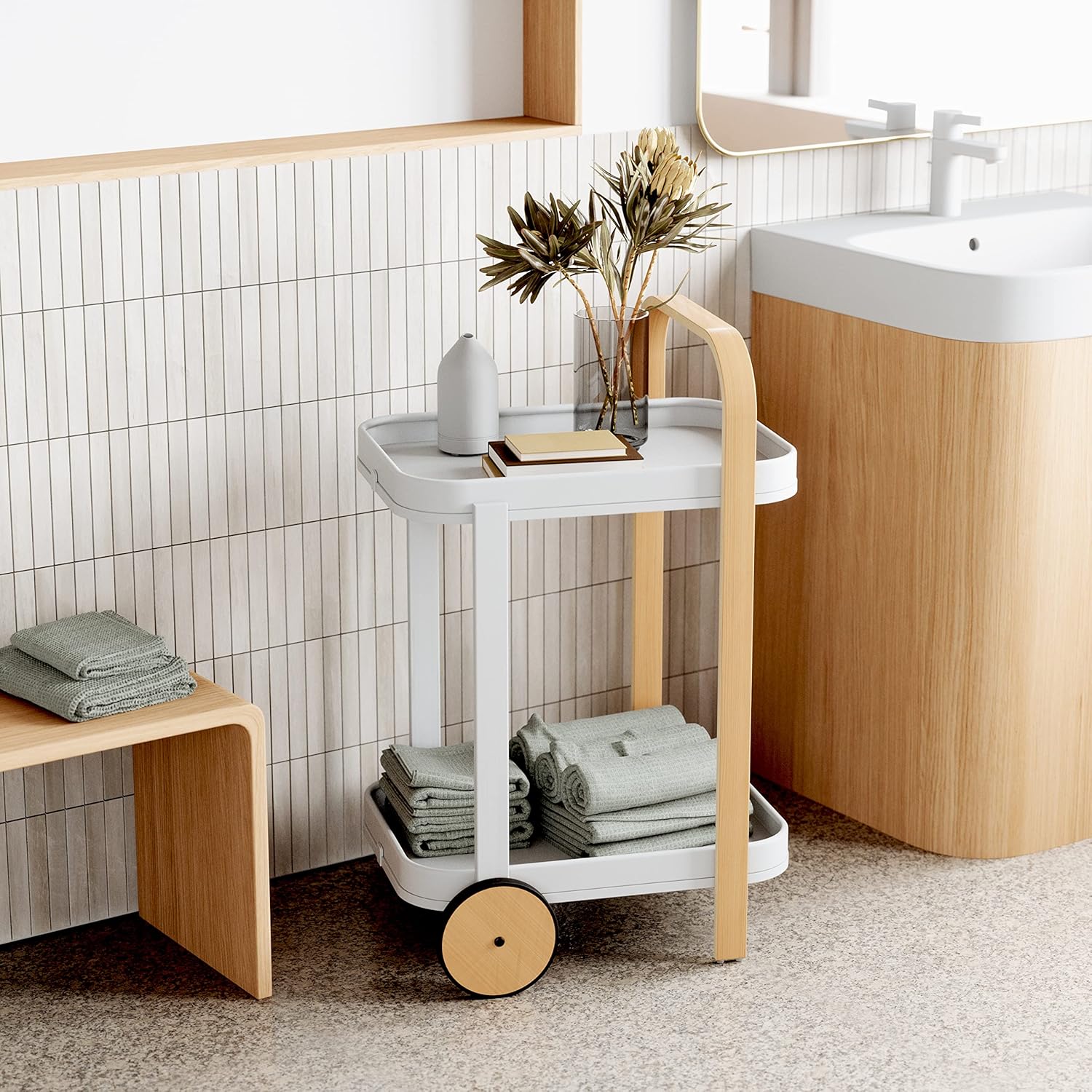Umbra Bellwood Barwagen, Servierwagen und Aufbewahrung mit 2 Ebenen und herausnehmbaren Tabletts aus Metall, Weiss/Natur