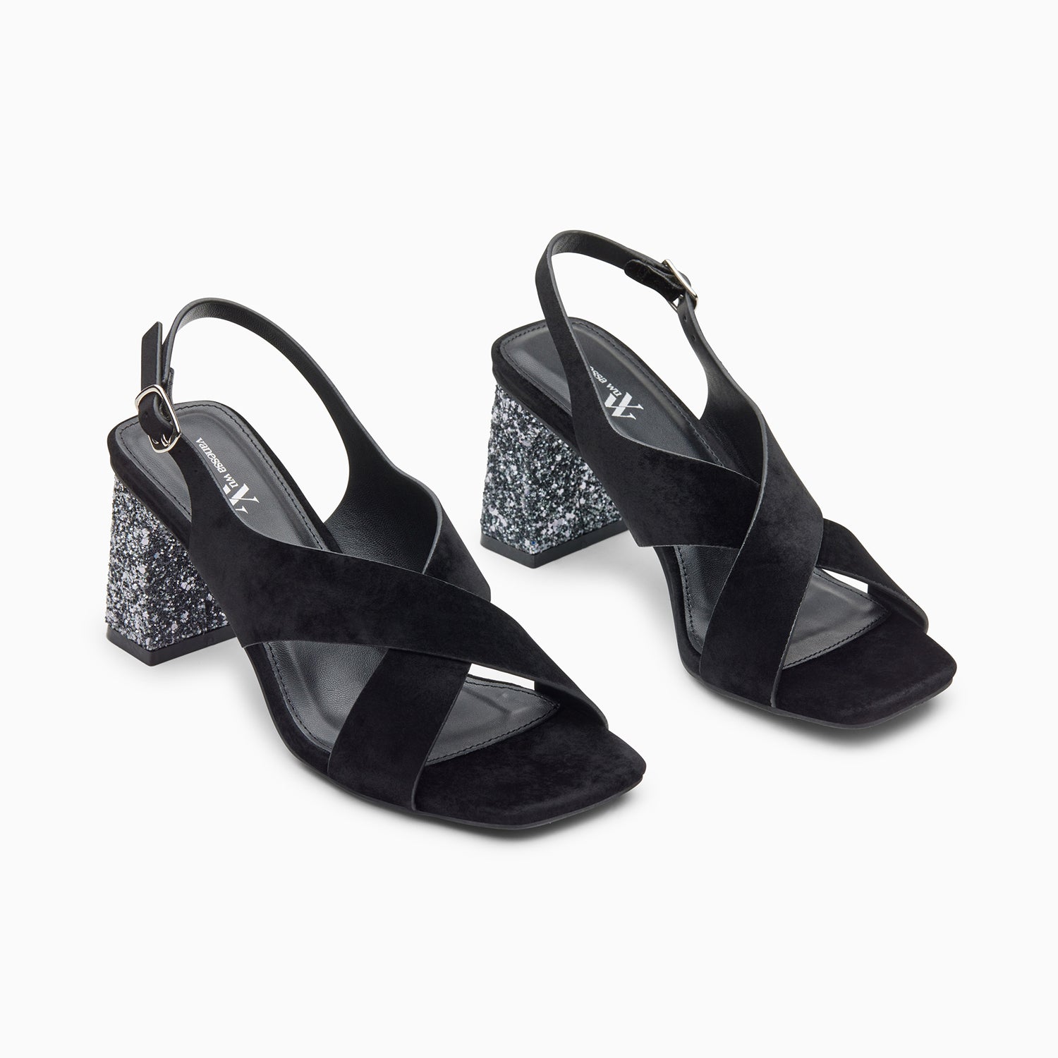 Sandales à talon, Compensées-Sandales Milan noires à brides croisées et talon argent pailleté