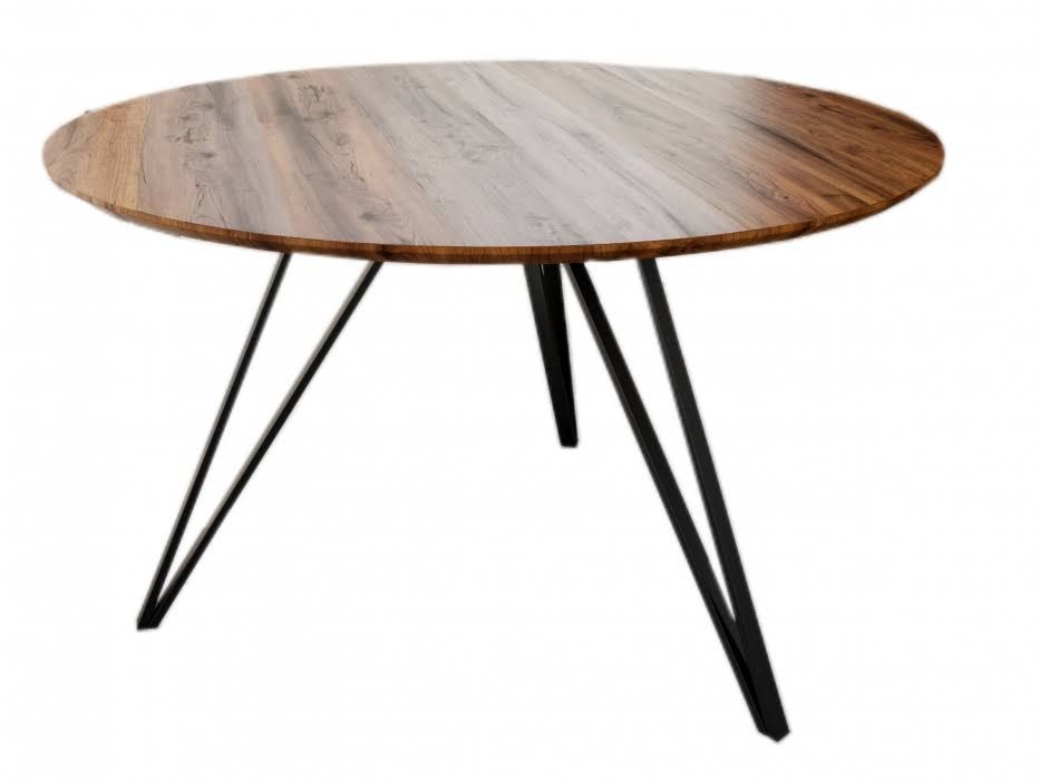 Runder Esszimmertisch Akazie Natur Schweizer Kante 110 cm Metallfuß In