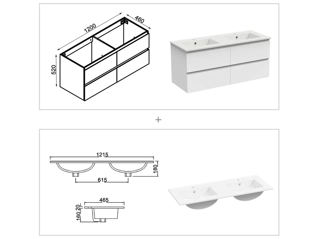 Ensemble meubles salle de bain 120cm double vasque + miroir Blanc, Aica