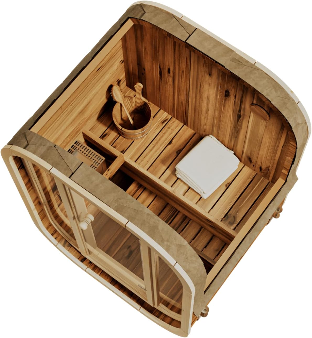 Fasssauna Ellipso S, Moderne Outdoor Sauna inkl. Dacheindeckung, Kompakte Gartensauna mit Glasfront, Außensauna: B 136 x T 119 x H 203 cm, 2 Personen