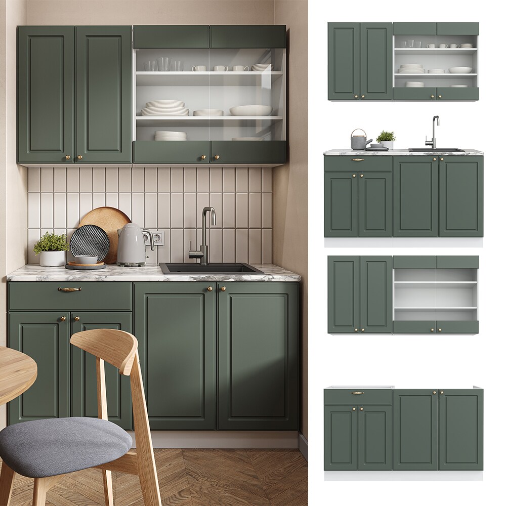 Vicco Küchenzeile Küchenblock Einbauküche Fame-Line Single Landhaus Weiß Grün Gold 140 cm modern Küchen Schränke Spülenunterschrank Schubunterschrank Hängeschrank Hängeglasschrank