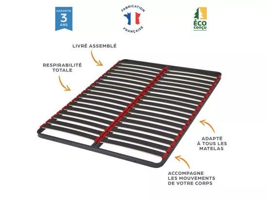 Sommier à lattes + pieds 140x190 Iota - 36 lattes bois - Fabrication française
