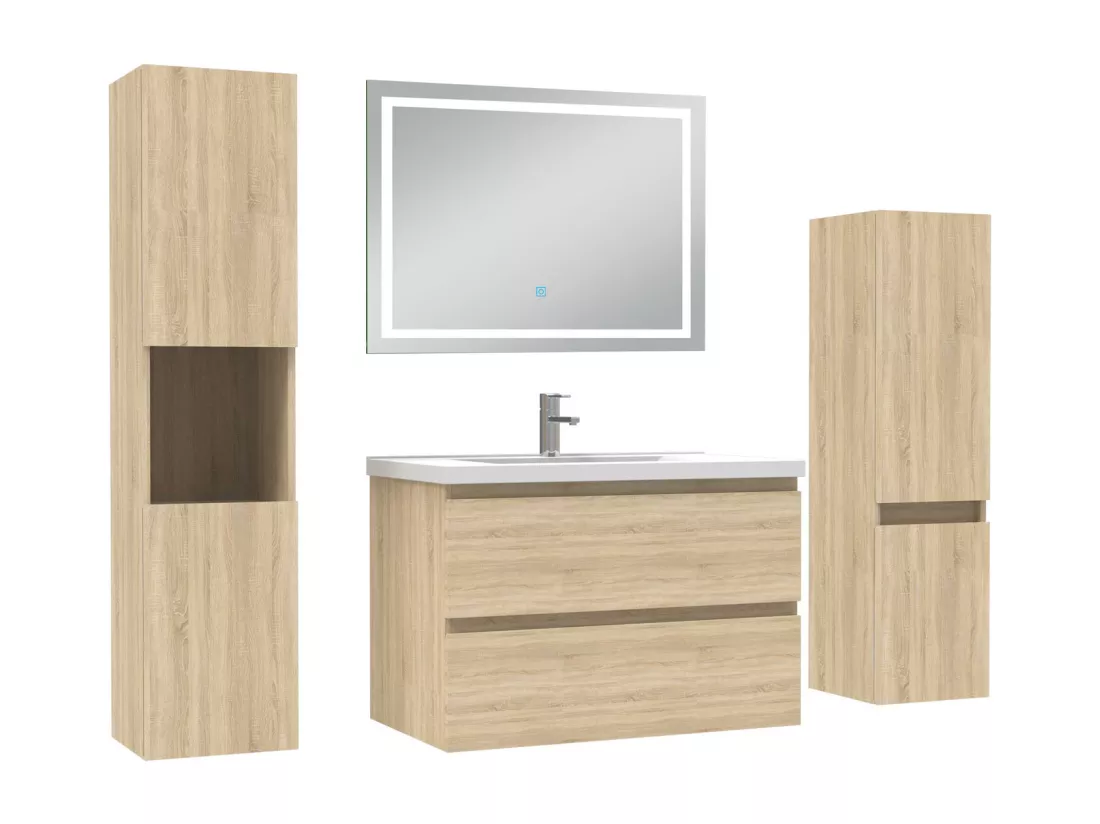 Ensemble meuble Salle de Bain 80cm avec colonne et miroir lumineux 3 couleurs Chêne Wotan