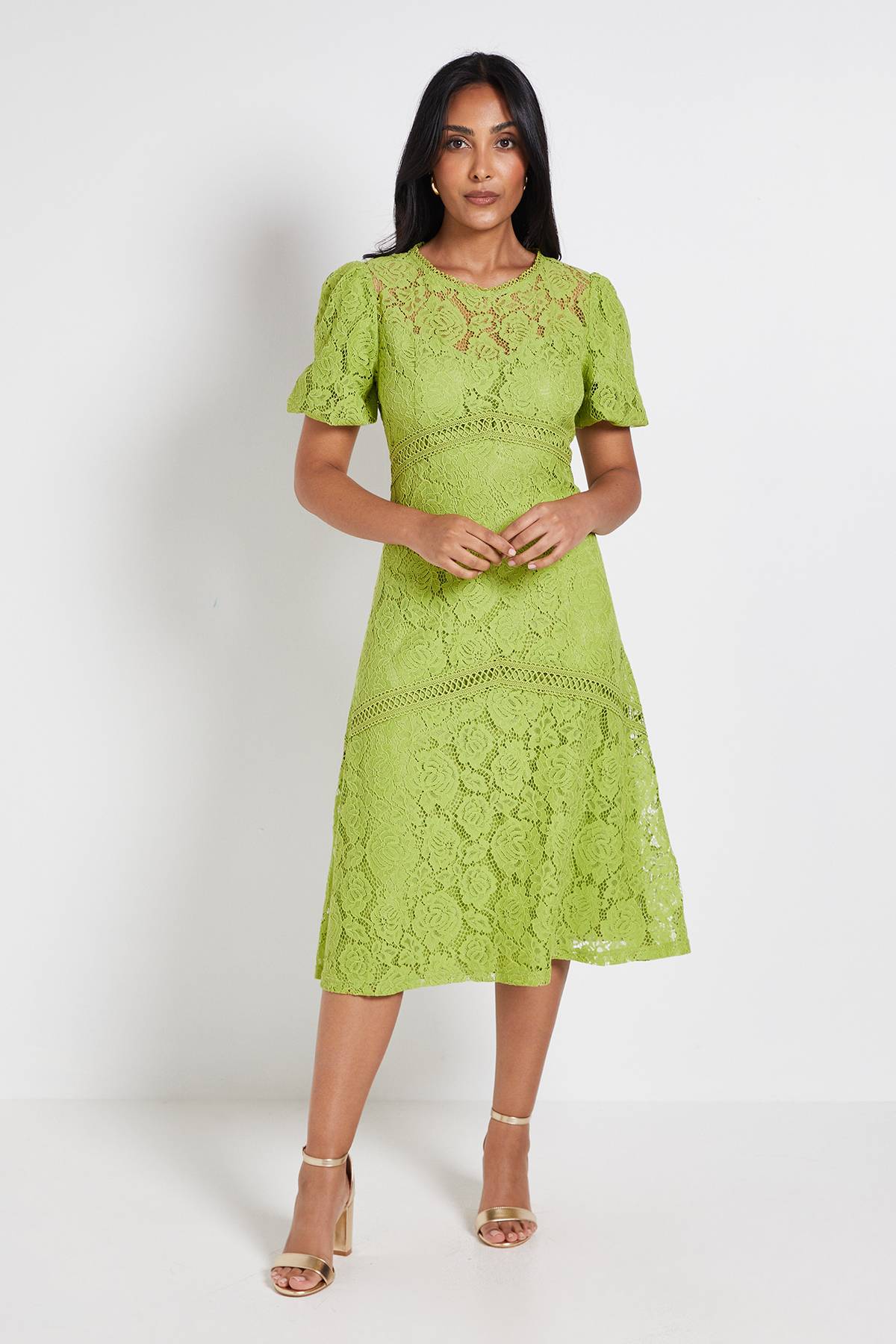 Wallis Robe Midi En Dentelle À Manches Bouffantes Petite