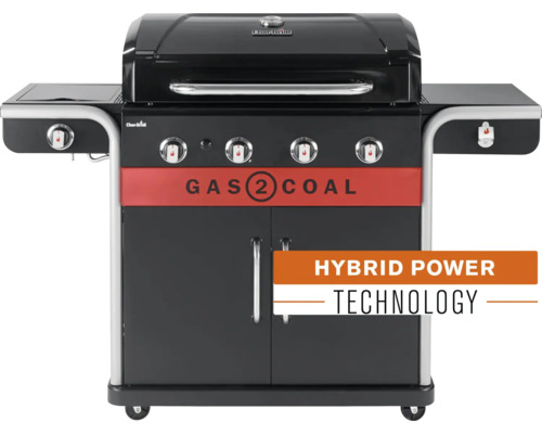 Char-Broil Gas2Coal 440 hybride gasgrill, 155 x 62,9 x 116,8 cm, 4 branders + zijbrander, zwart, inclusief rooster, dekselthermometer, vetopvangbak, grillrooster en warmhoudrek