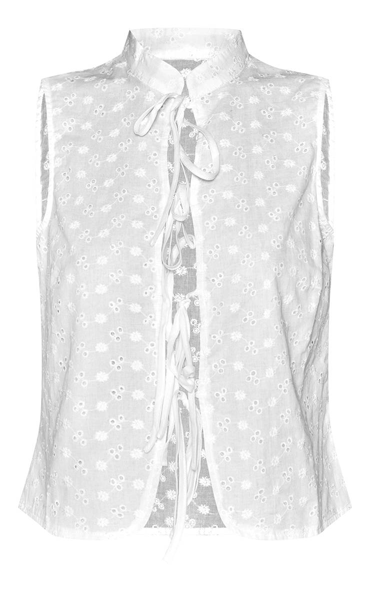 Blanc Haut Sans Manches Broderie Anglaise Avec Nœud Devant