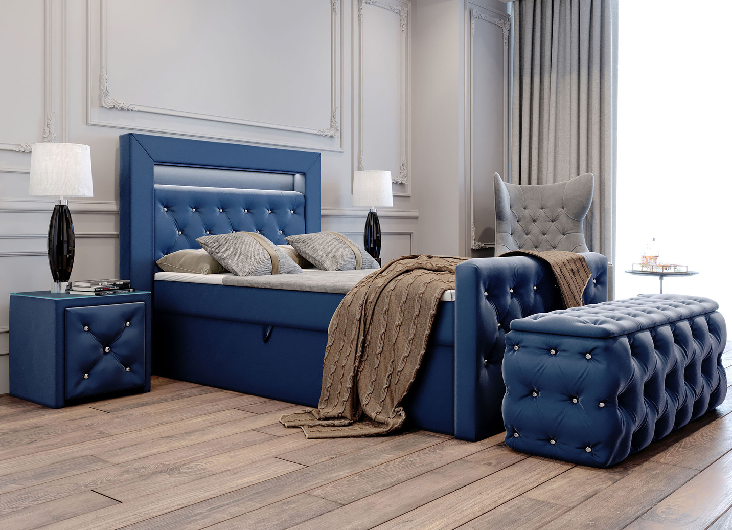 Boxspringbett mit LED-Beleuchtung, Topper und Nachttisch