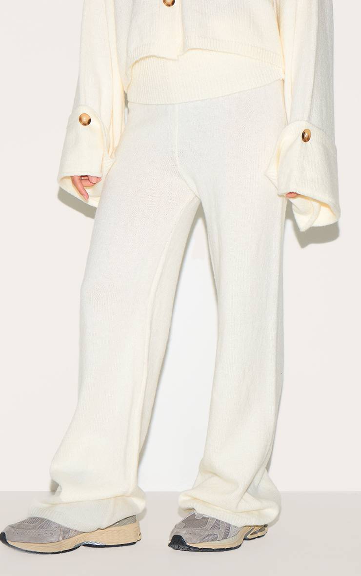 Crème Pantalon Évasé En Maille Avec Taille Pliée Petite
