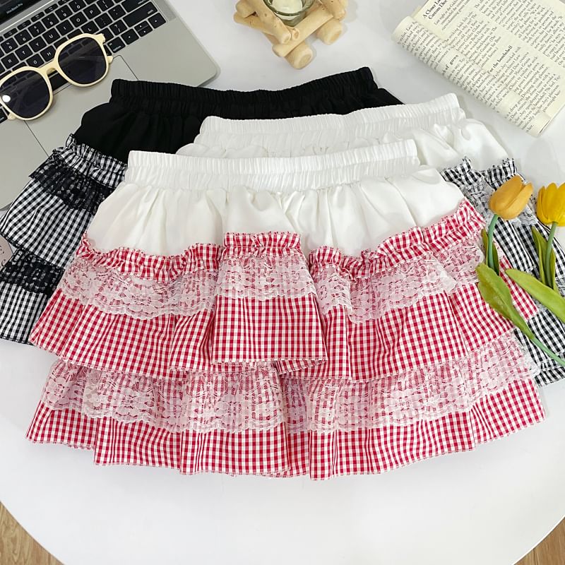 Iasia - Mini A-lijn rok met elastische taille en ruitjeskant