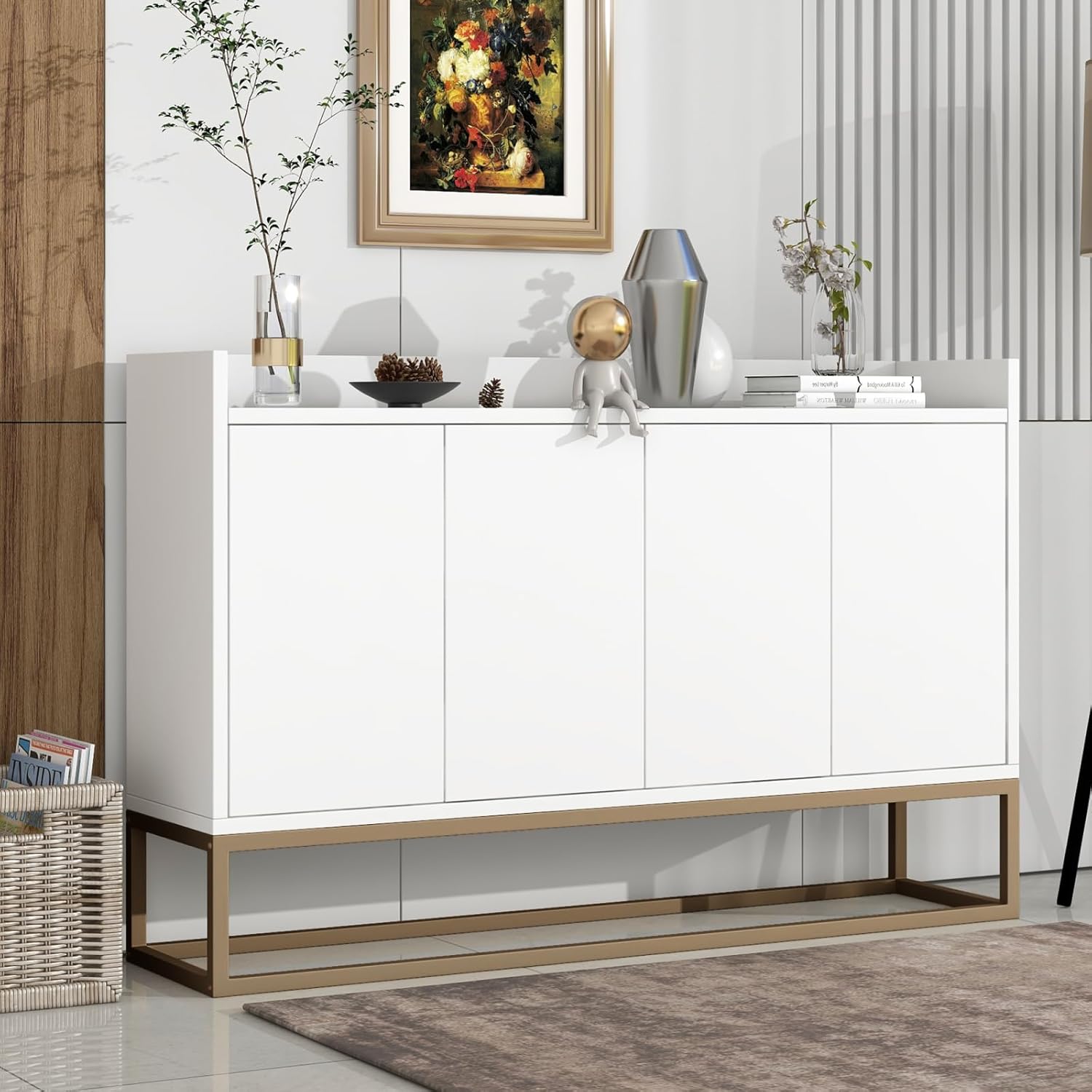 Sideboard Kommode 120cm breit,Modernes Buffetschrank mit 4 Türe,Kommode Schrank Buffetschrank mit Verstellbares Regal und Metallbeinen für Wohnzimmer und Esszimmer Küche,Weiß