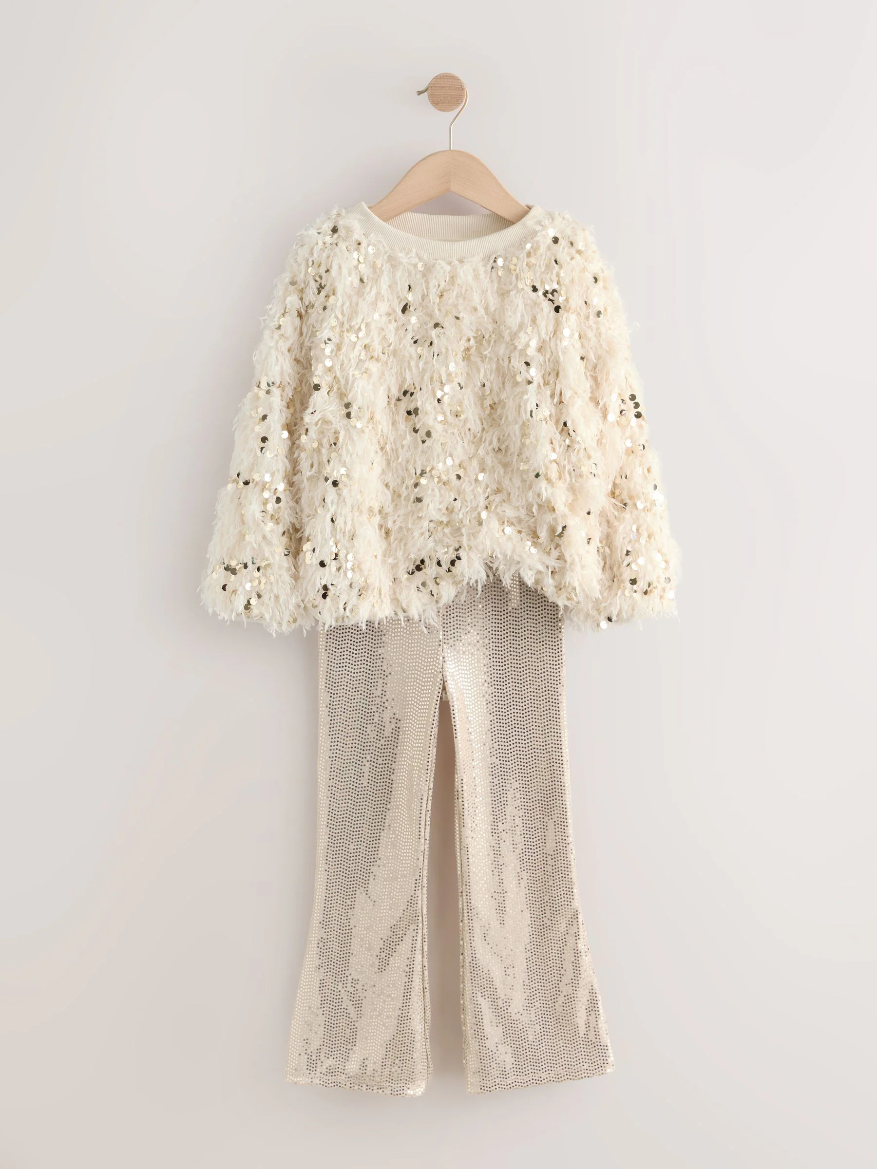 Crème/Goud wollige Pailletten - Party-set met top en flared legging (3-16jaar)