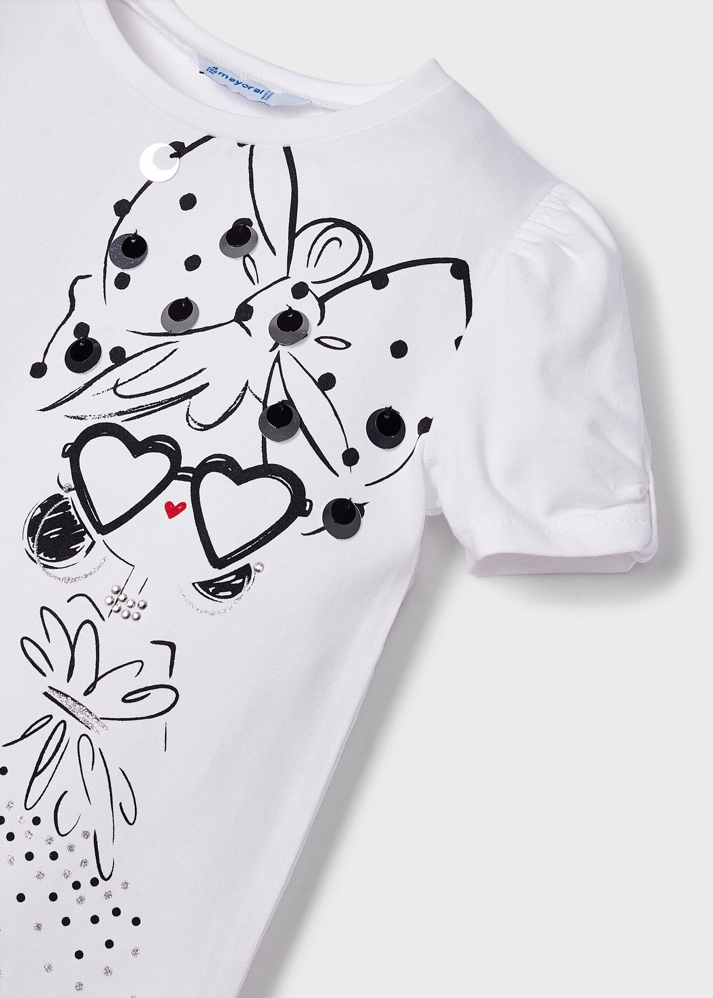 Camiseta feminina de algodão com lantejoulas e mangas curtas