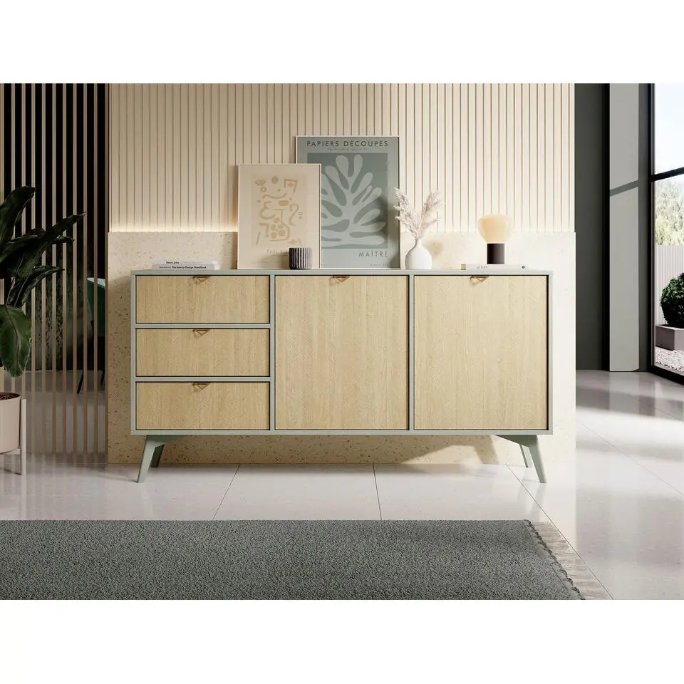 Meubella - Dressoir Essence - Groen - Licht eiken - 158 cm