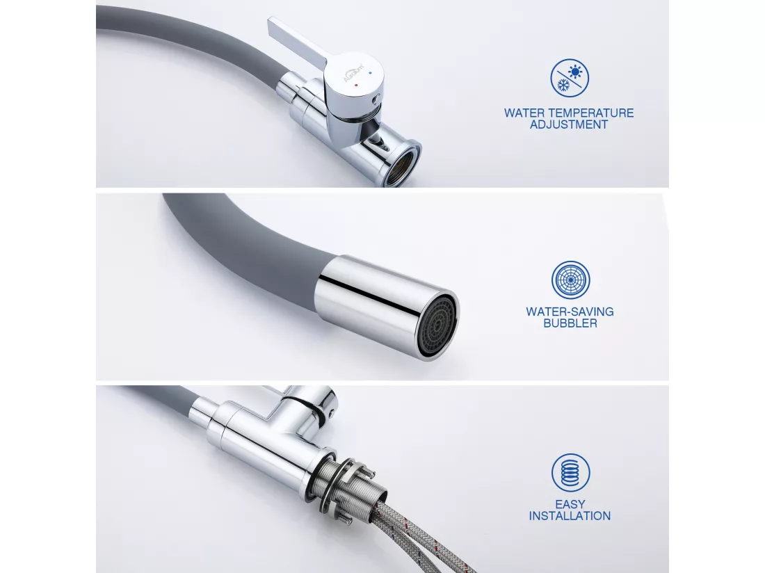 Mitigeur Évier avec Bec Flexible, Robinet de Cuisine, Cuisine Mitigeur Flexible Rotative à 360°, Gris
