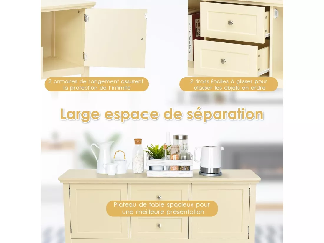 Buffet cuisine, 2 armoires à portes, 2 tiroirs, étagère de rangement, 117 x 38 x 86,5 cm
