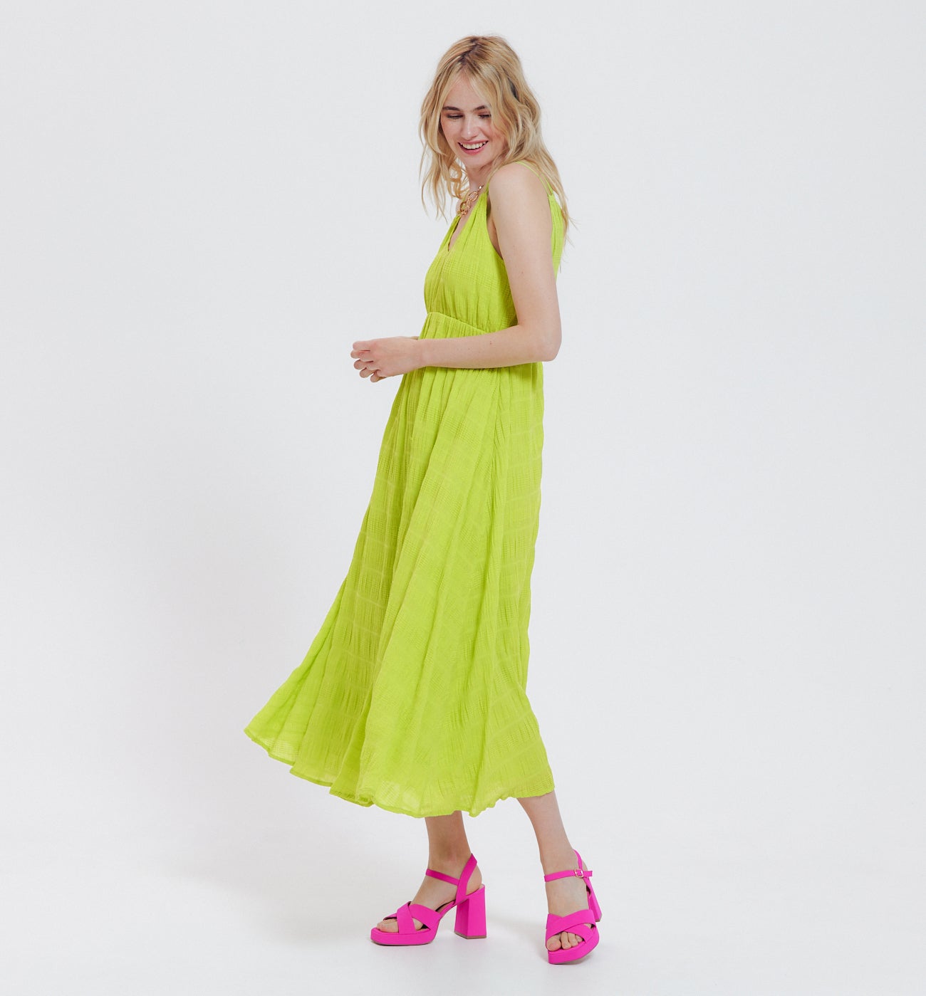 Robe mi-longue à bretelles - Vert fluo