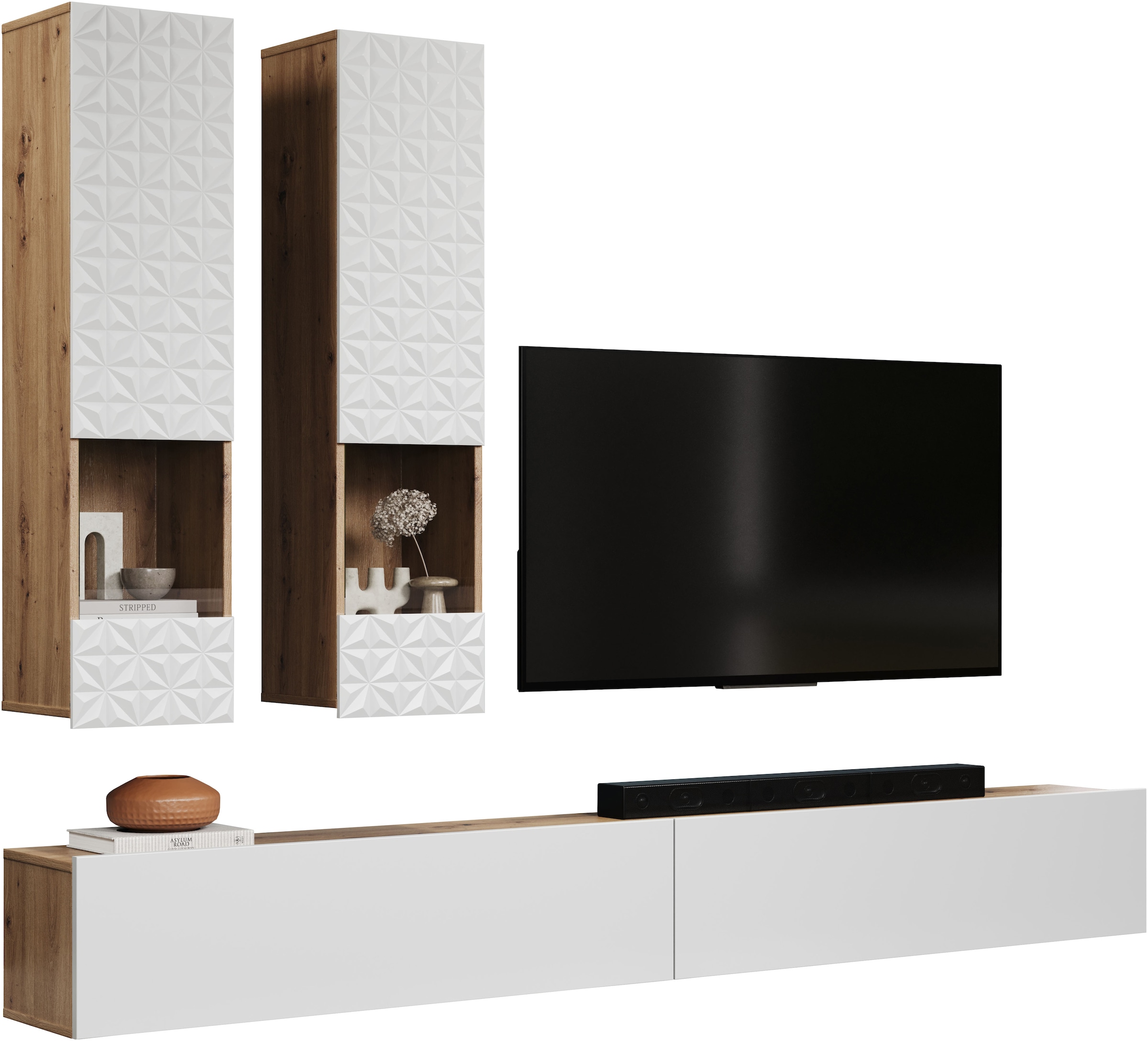 INOSIGN Wohnwand »Rezzo, 2 Hängevitrinen mit Relief-Front, 2 Lowboards je Br. 120 cm« Komplett-Set, 4 Stk. tlg.