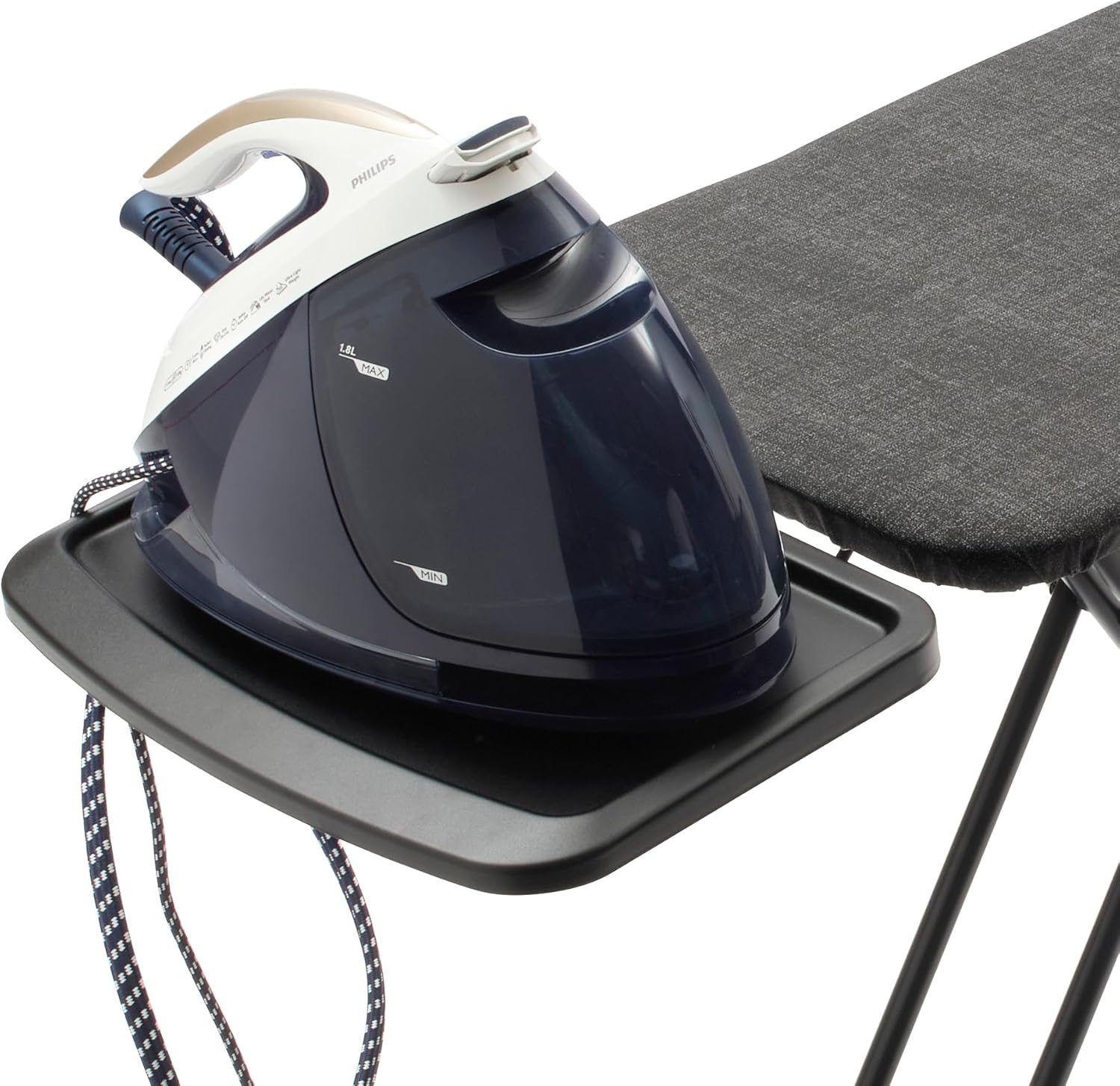 Brabantia - Bügelbrett C - für Dampferzeuger - XL-Dampfbügelbrett - Extra großer Metallständer - Höhenverstellbar - Solider Vierfußrahmen - Geräte bis zu 40 x 22 cm - Denim Blue - 125 x 45cm