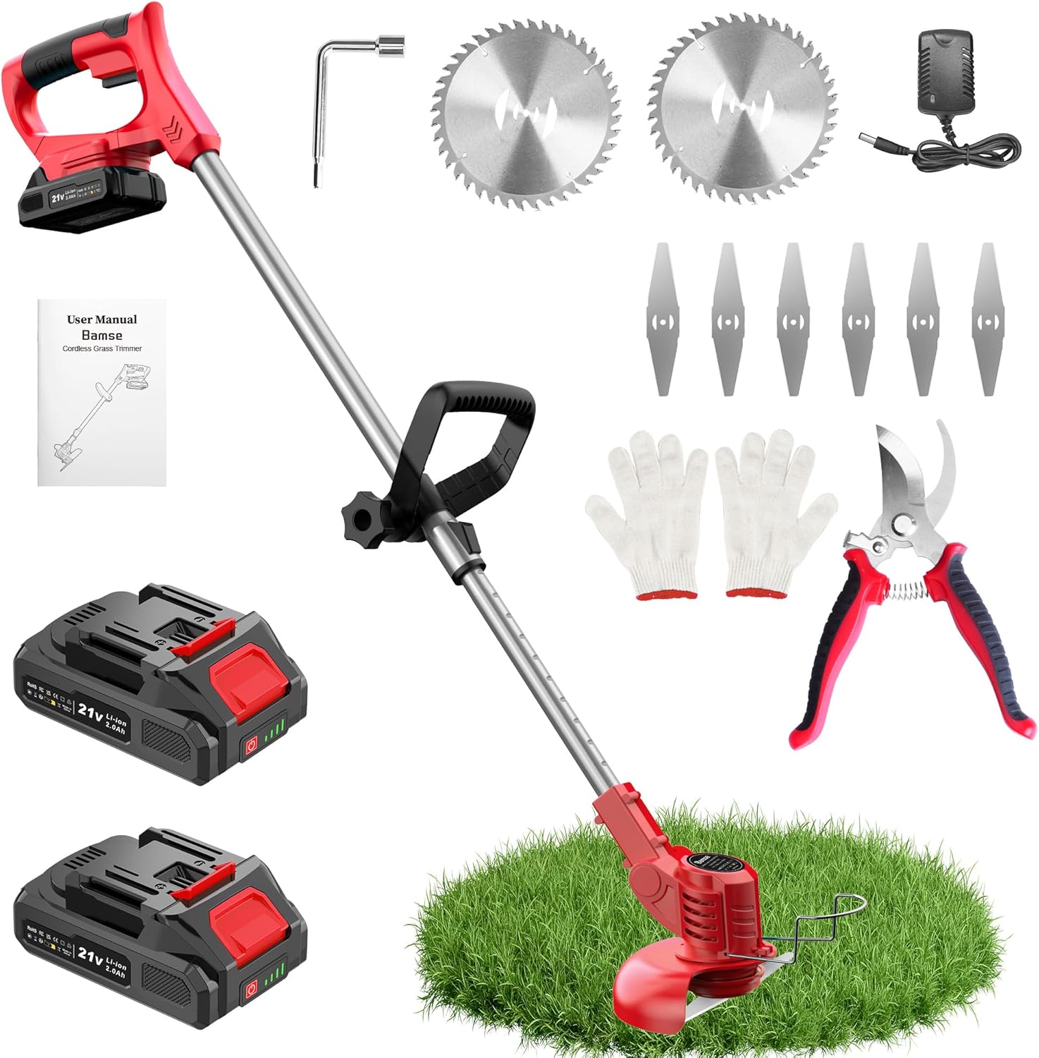 Bamse Rasentrimmer mit Akku – Akku Rasentrimmer, 11000 U/min, 2x2000mAh, Teleskopgriff 85–120cm, 2 Schneidköpfe – Freischneider Akku für Garten, Motorsense, Kantenschneider Rasen