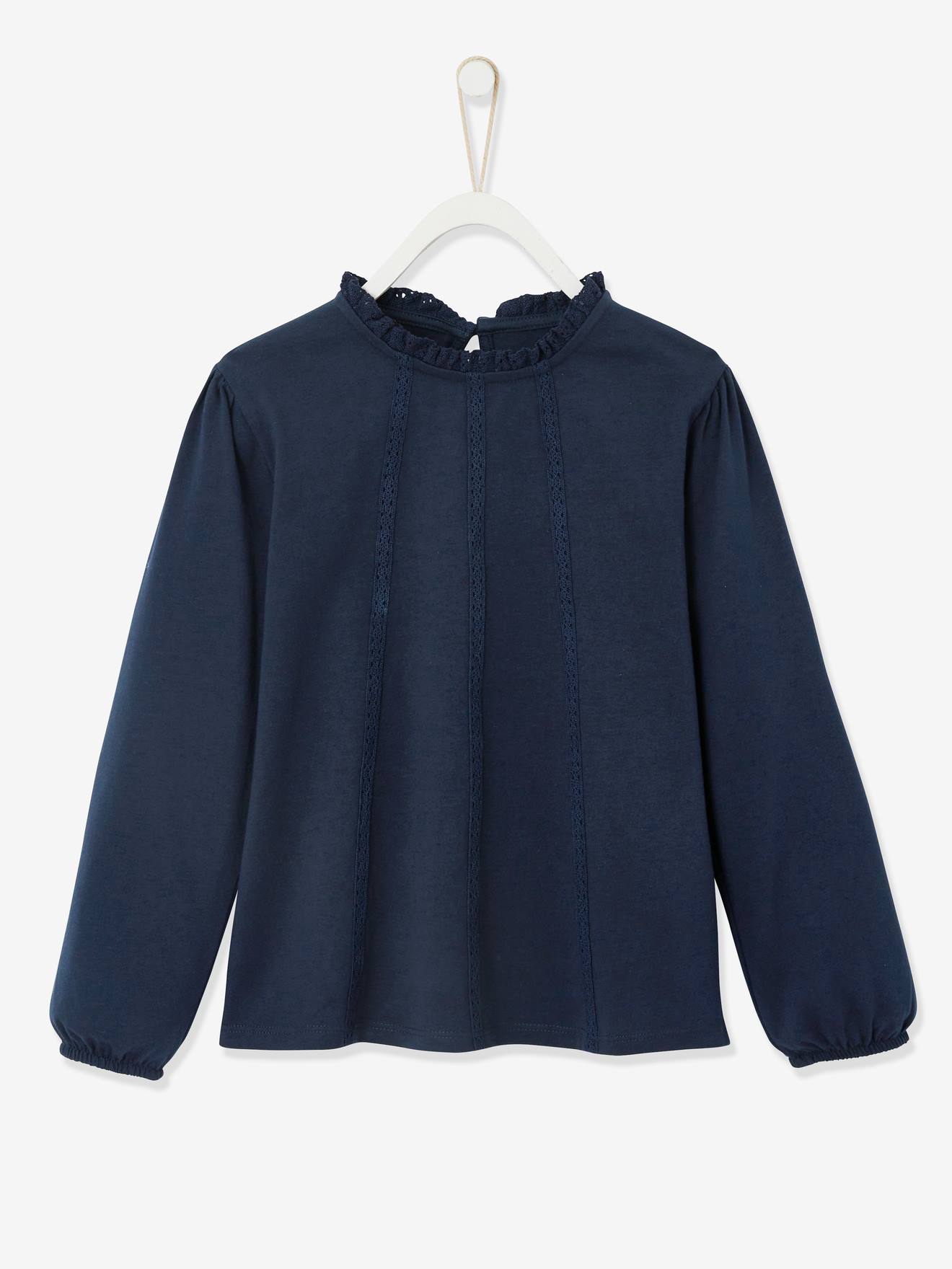 Blusa estilo camiseta com detalhes em macramê para meninas, tamanho médio, branca, lisa.