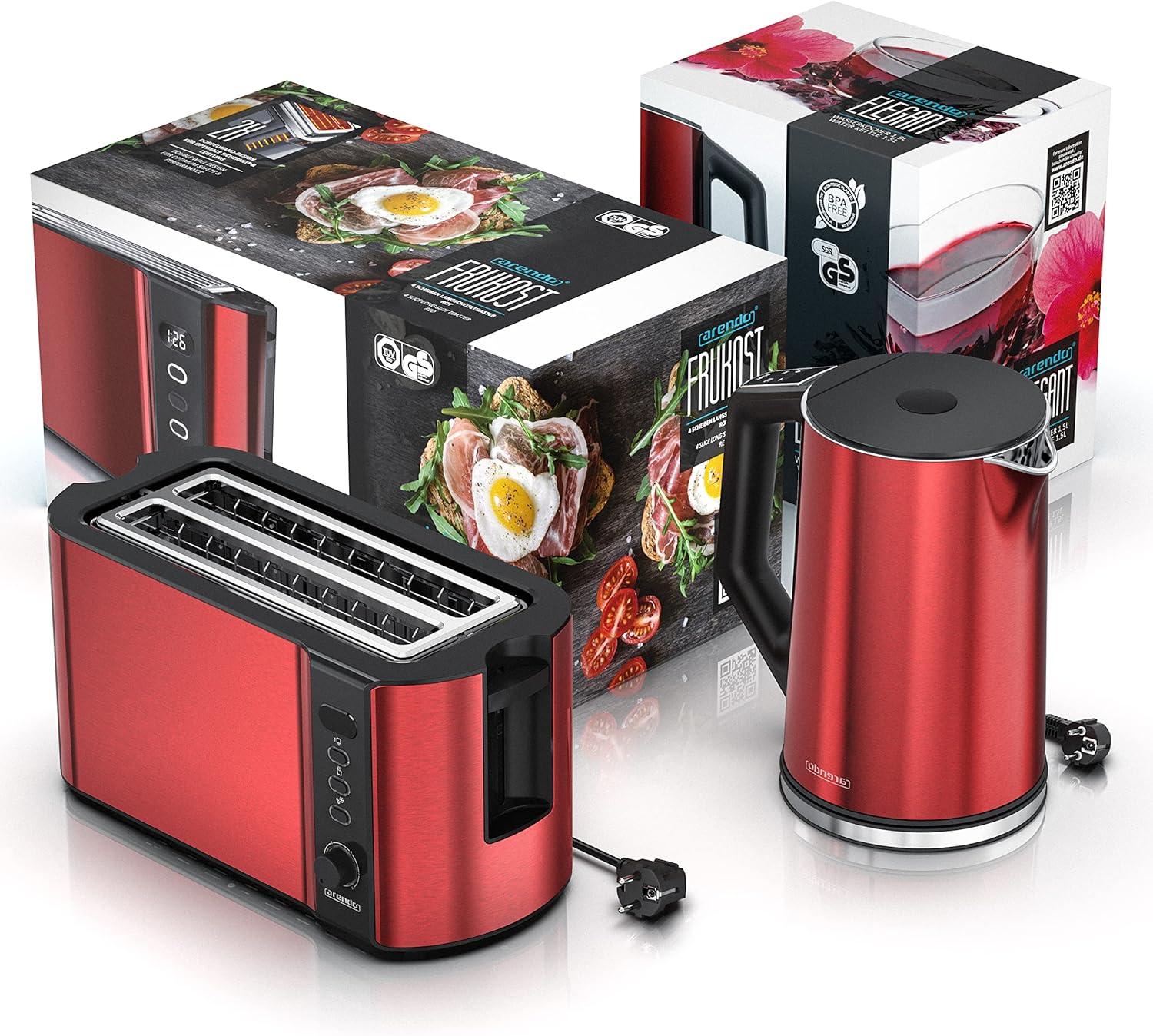 Arendo - Wasserkocher mit Toaster SET Edelstahl Rot, Wasserkocher 1,5L, 40° 100°C Warmhaltefunktion Toaster 4 Scheiben LED-Display 6 Bräunungsgrade Brötchaufsatz