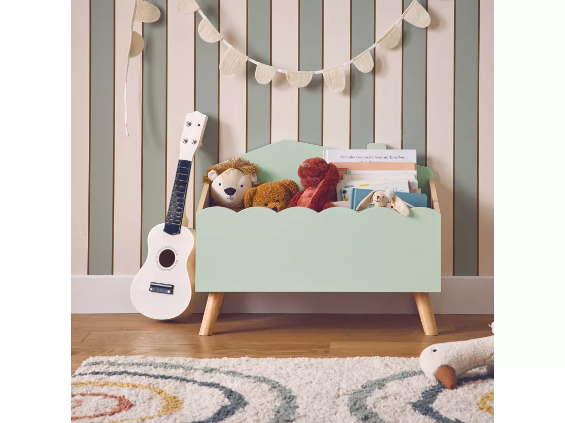 Coffre à jouets enfant effet bois. vert. L 58 x P 28 x H 44.5 cm