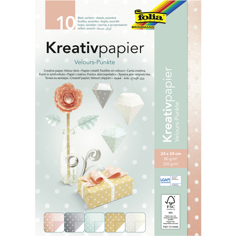 Folia Kreativpapier Velours-Punkte, 24 x 34 cm, assortiert, 10 Blatt