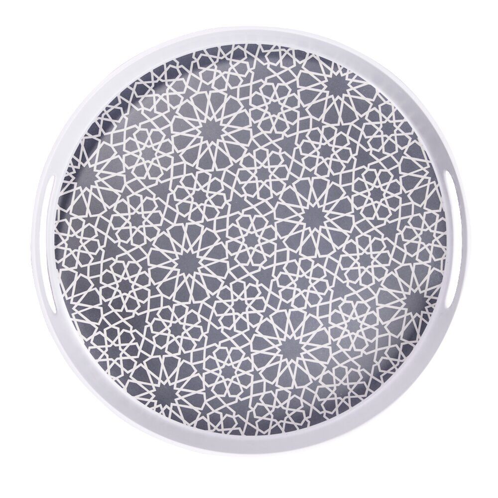 Plateau rond mélaminé motif géométrique blanc et bleu Ø34,5xH5cm