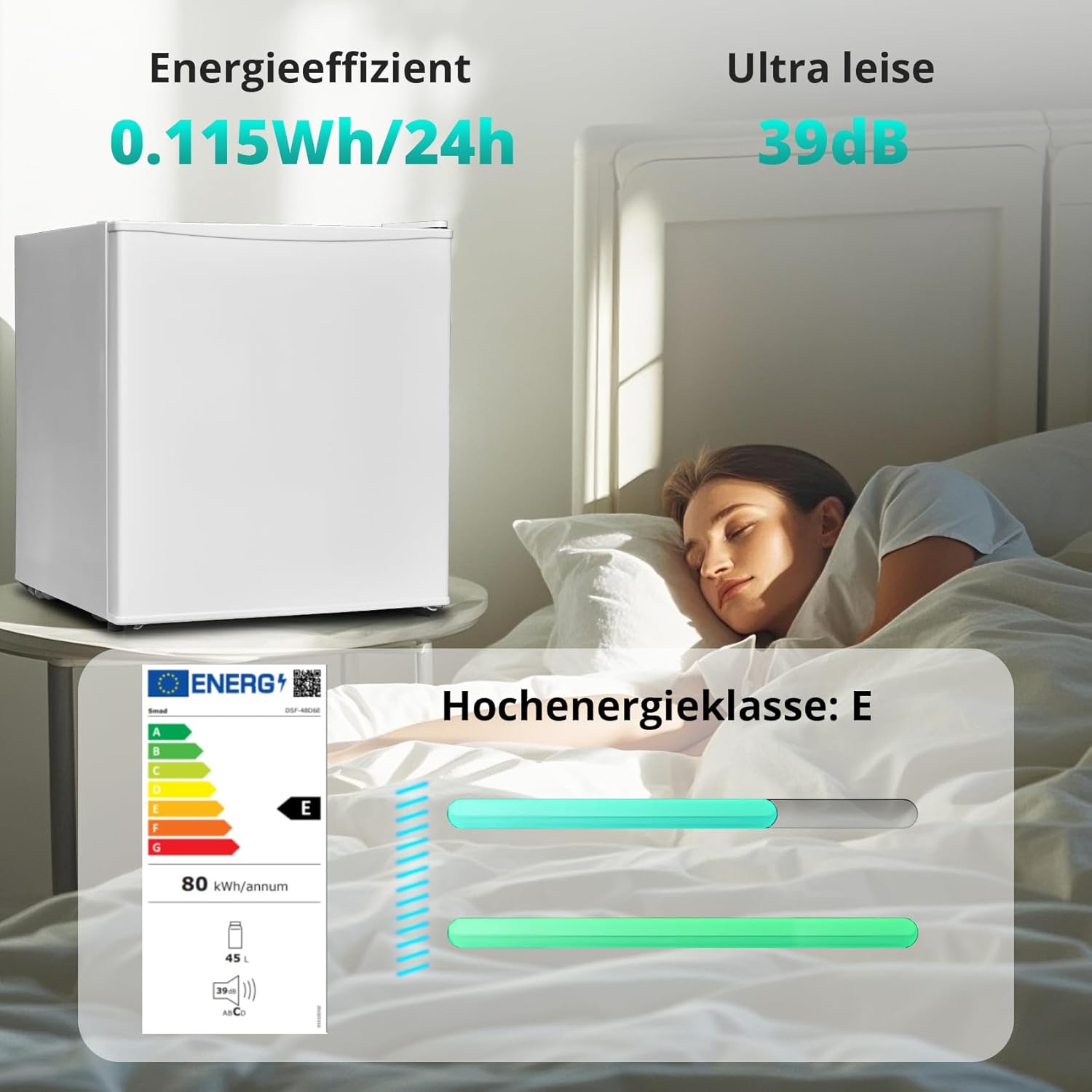 SMETA Mini-kühlschränke 48L, Klein Kühlschrank mit Gefrierfach, 230V Leise Tischkühlschrank für Büro, Camping, Schlafzimmer & Hotel mit Umkehrbarer 6-Stufen Thermostat, 39dB, 0-10℃
