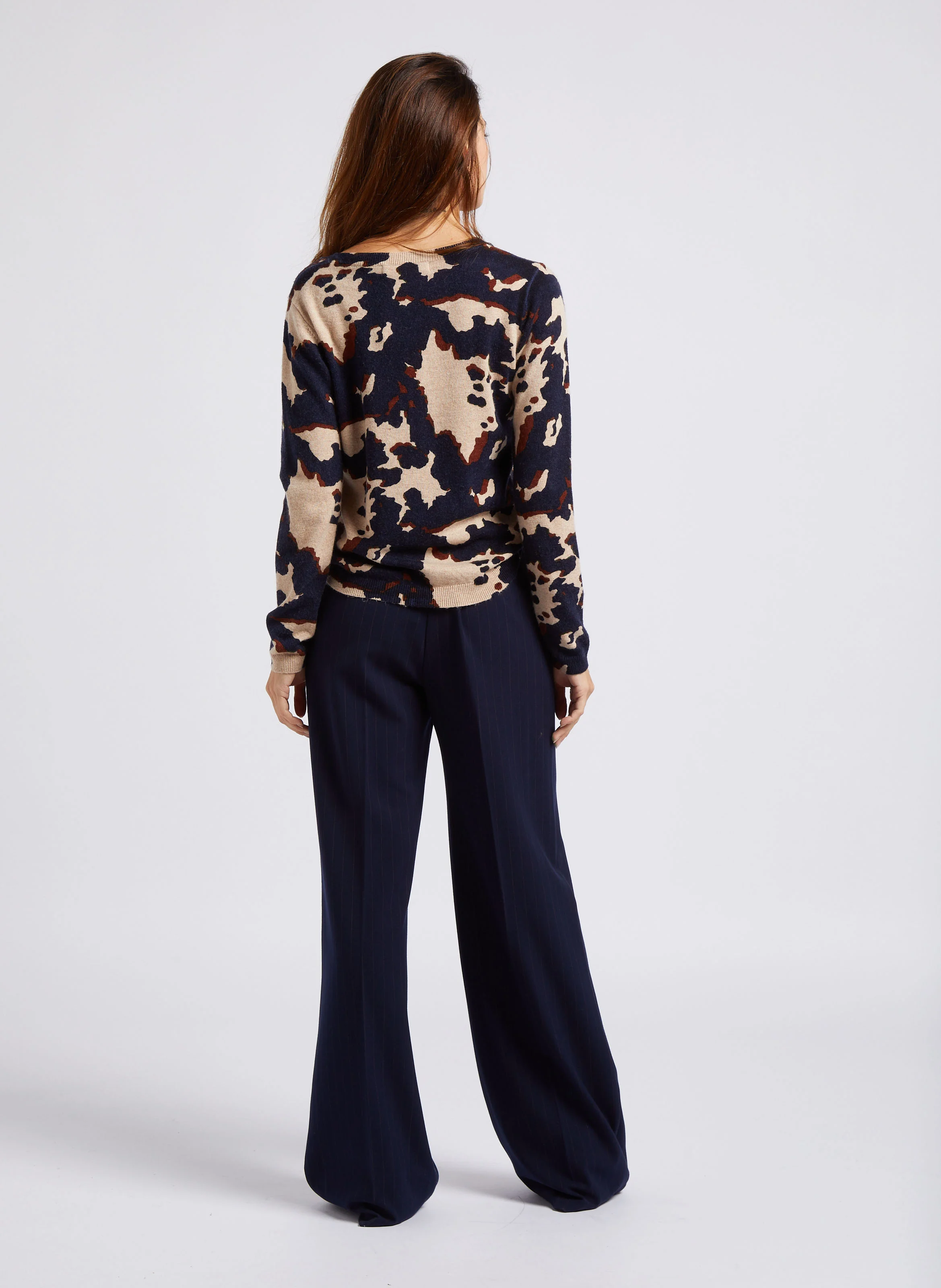 Pantalon large taille haute rayé| Bleu
