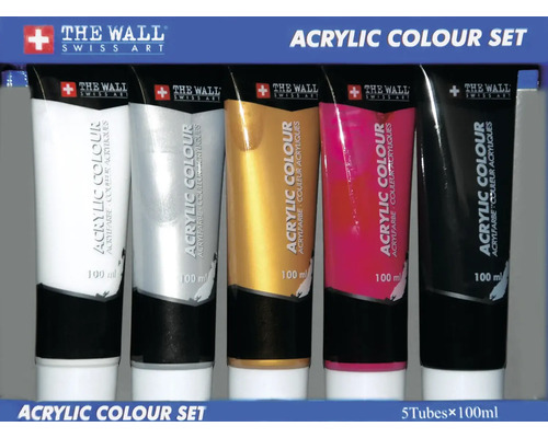 Acrylverfset, 5-delig, wit, rood, goud, zilver, zwart, 100 ml
