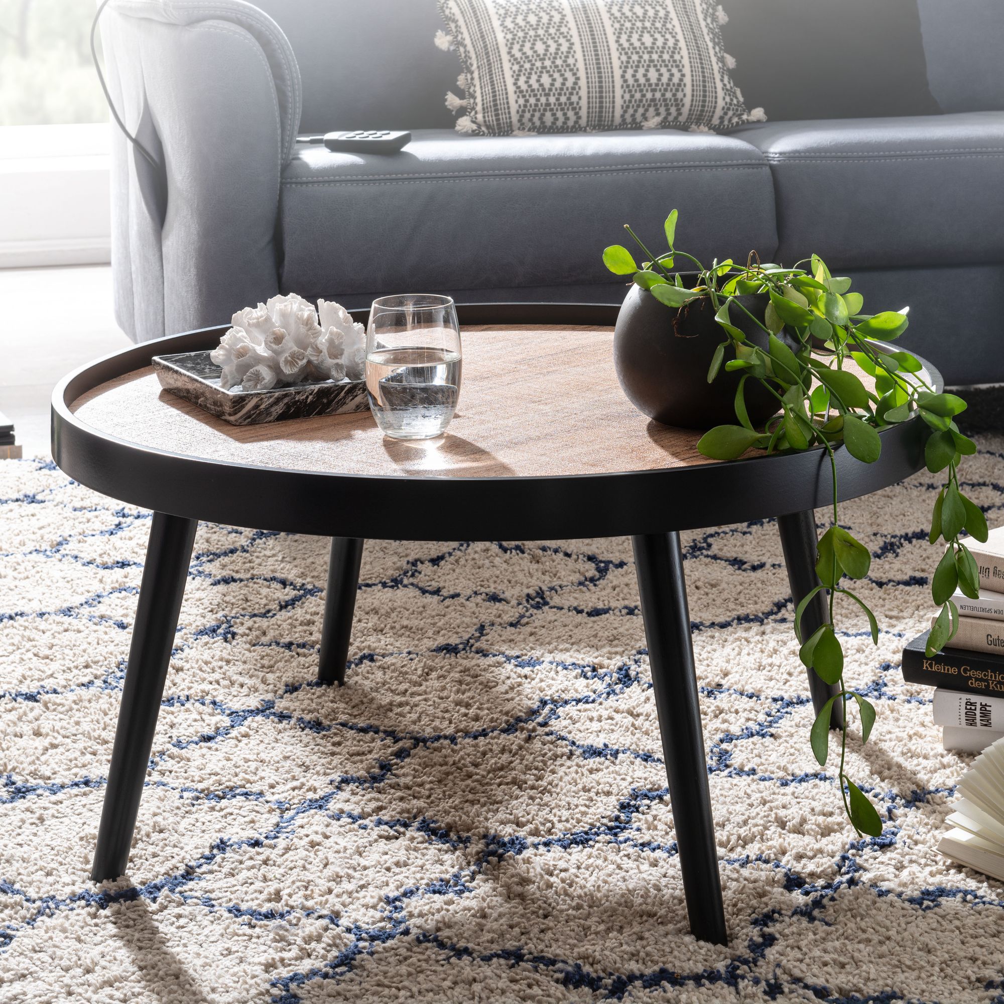 KADIMA DESIGN Couchtisch mit Ablagefläche in Holzoptik, Runder Tisch, Erhöhter Rand