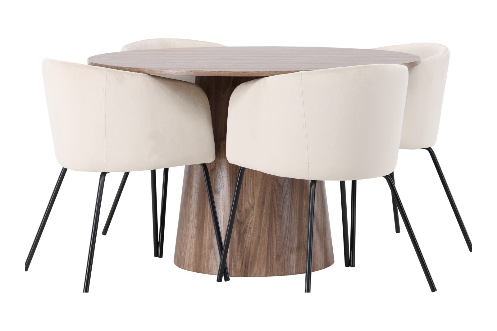 Lanzo og Berit Spisegruppe Lanzo rundt spisebord ø120cm i natur med 4 stk. Berit med arm spisestoler i Beige fløyel og sorte ben.